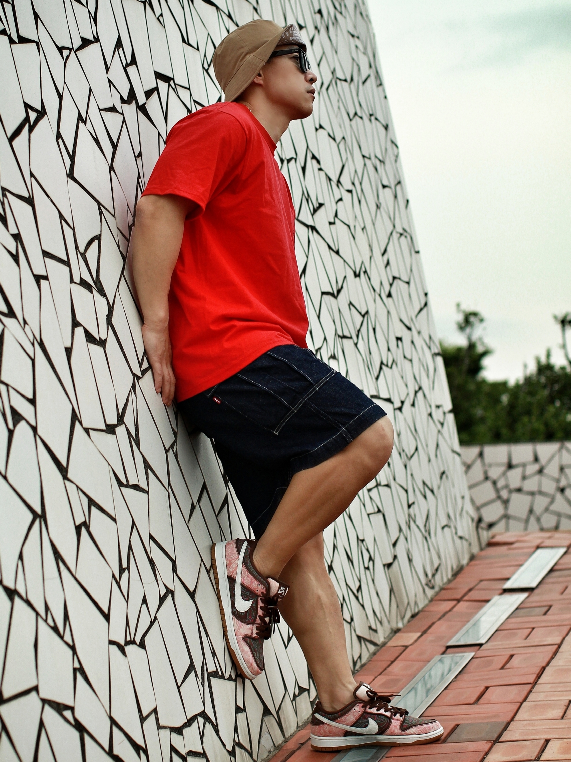 Nike SB Dunk Low Pro Premium Paisley, Stussy Modern Age T-Shirt Red 착용 스타일 - 1