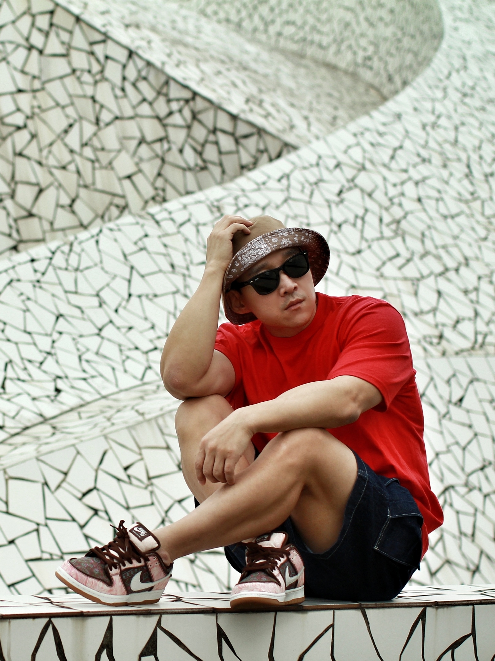 Nike SB Dunk Low Pro Premium Paisley, Stussy Modern Age T-Shirt Red 착용 스타일 - 3
