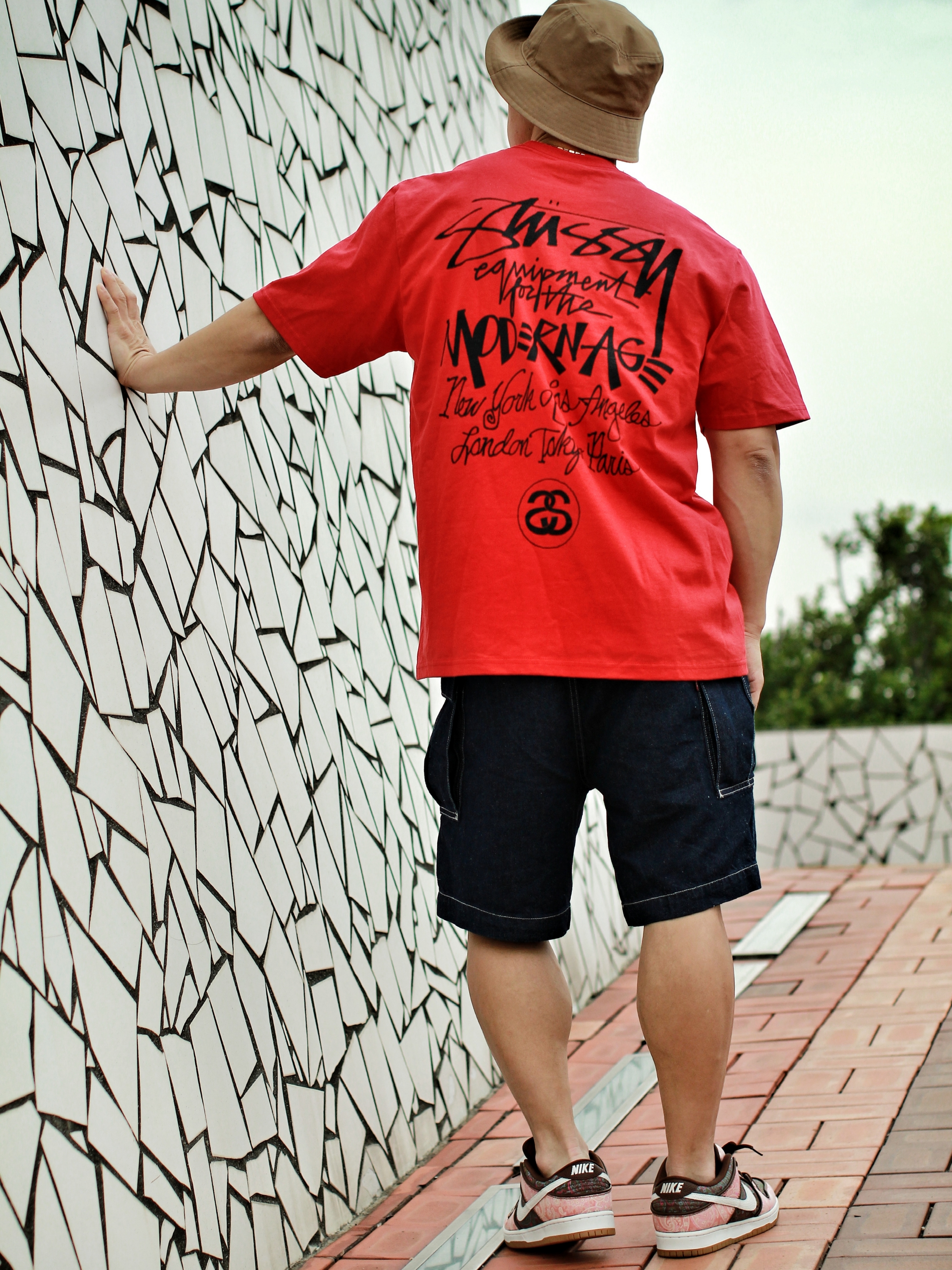 Nike SB Dunk Low Pro Premium Paisley, Stussy Modern Age T-Shirt Red 착용 스타일 - 2
