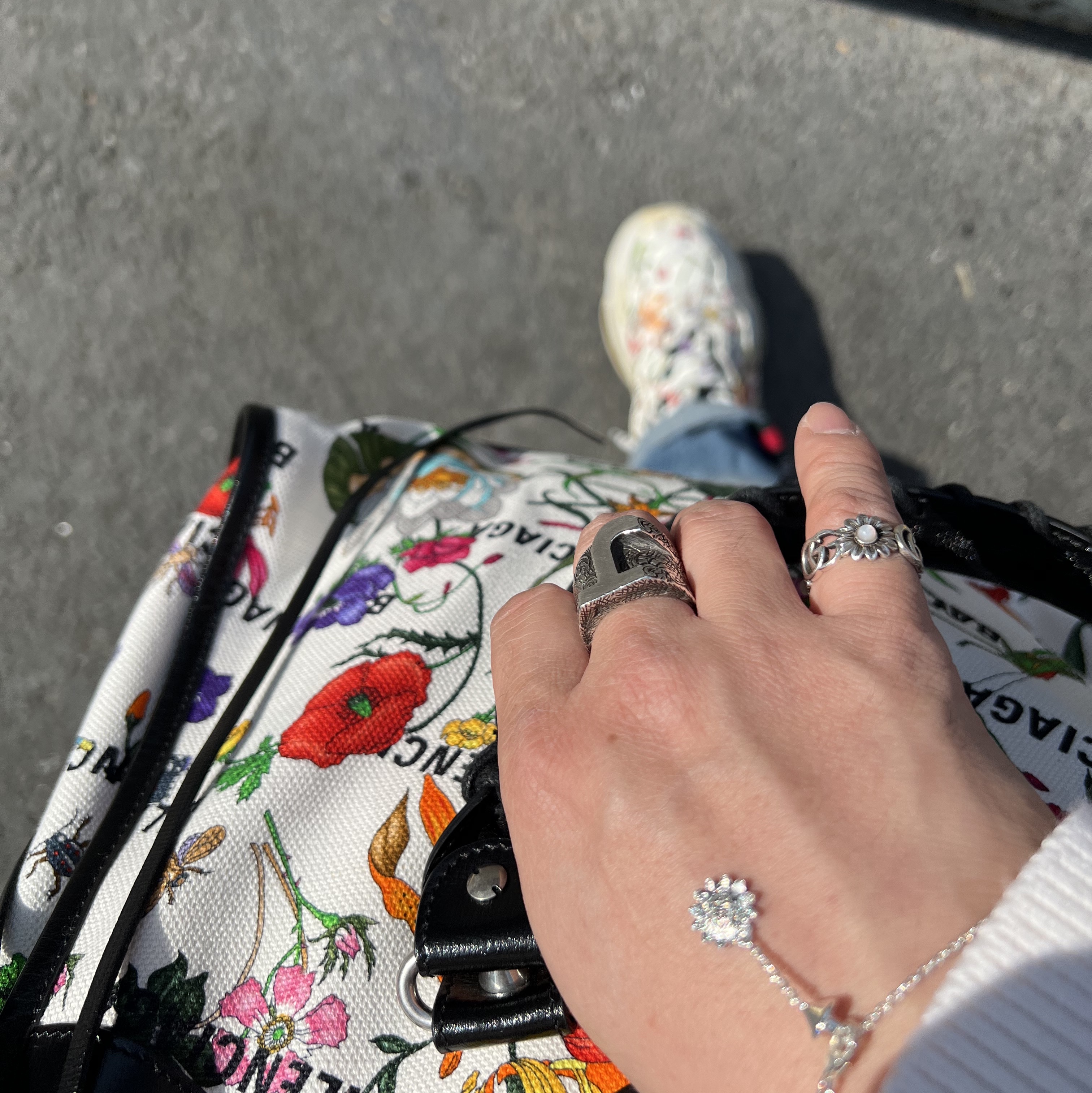 Balenciaga x Gucci The Hacker Project Triple S Sneakers Multi Color Leather Flora Print Ivory 착용 스타일