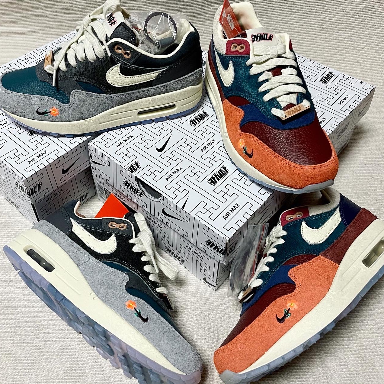 Nike x Kasina Air Max 1 SP Won-Ang Particle Grey, Nike x Kasina Air Max 1 SP Won-Ang Orange 착용 스타일