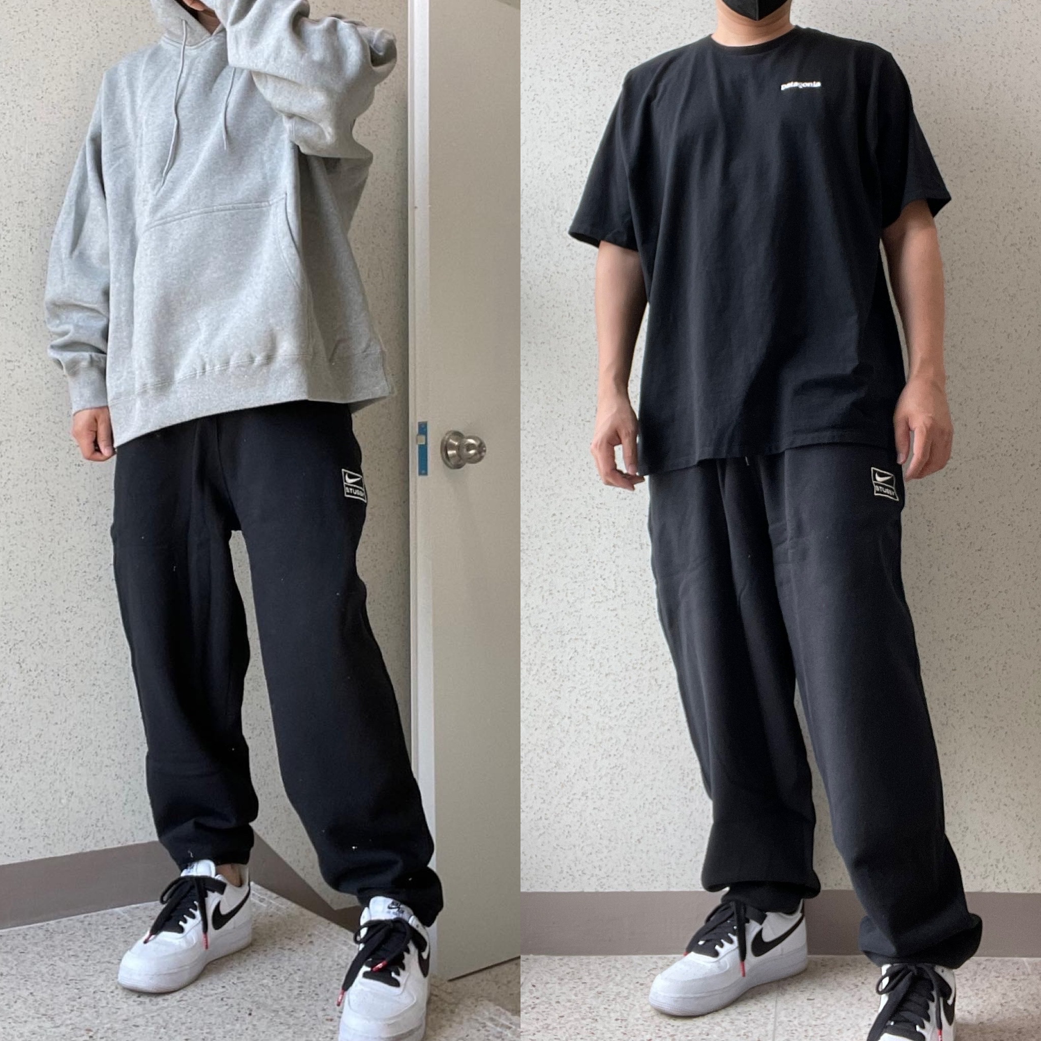 Nike x Stussy NRG RA Washed Fleece Pants Black (DN4030-010), Nike x Stussy NRG RA Pullover Hoodie Dark Grey Heather (DJ9488-063) 착용 스타일