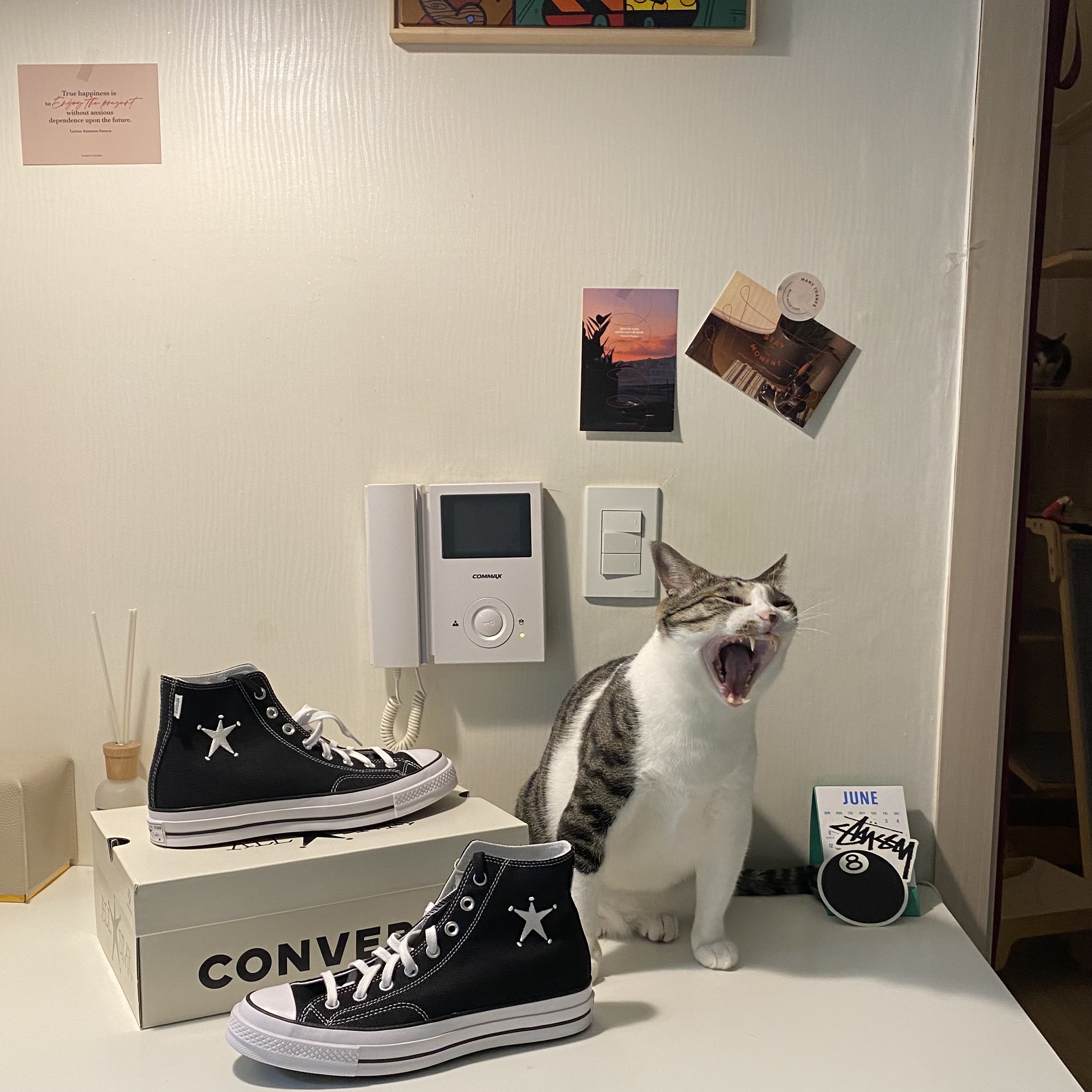 Converse x Stussy Chuck 70 High Black 착용 스타일 - 1