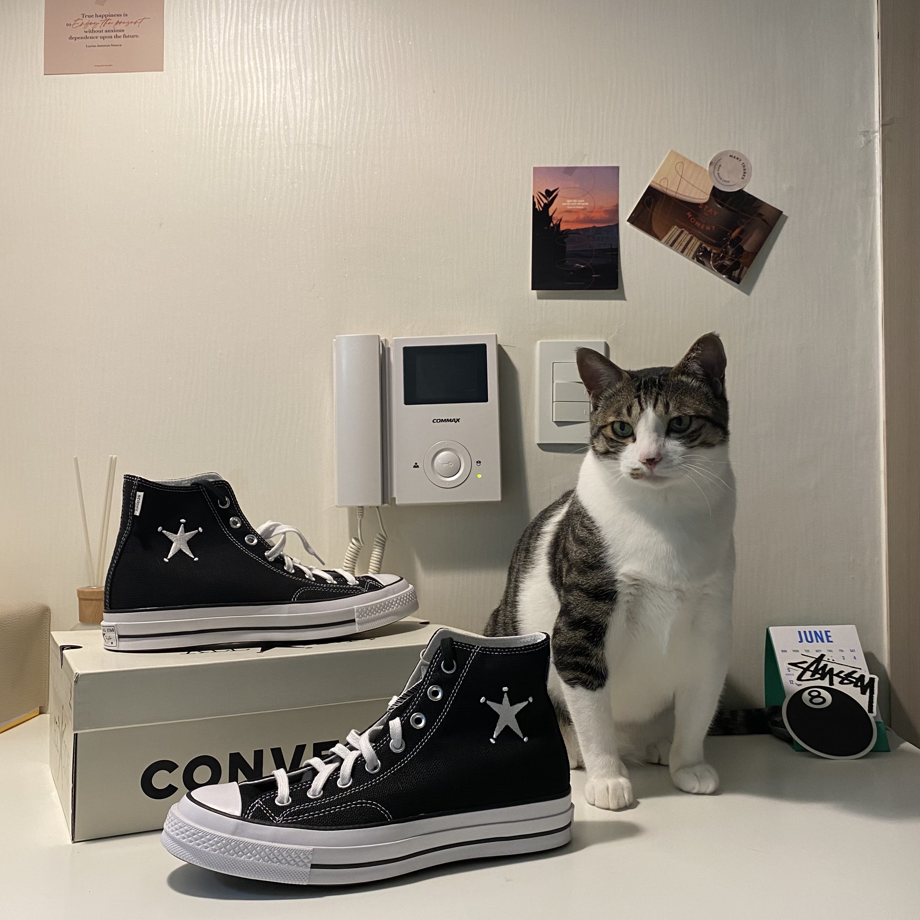 Converse x Stussy Chuck 70 High Black 착용 스타일 - 2