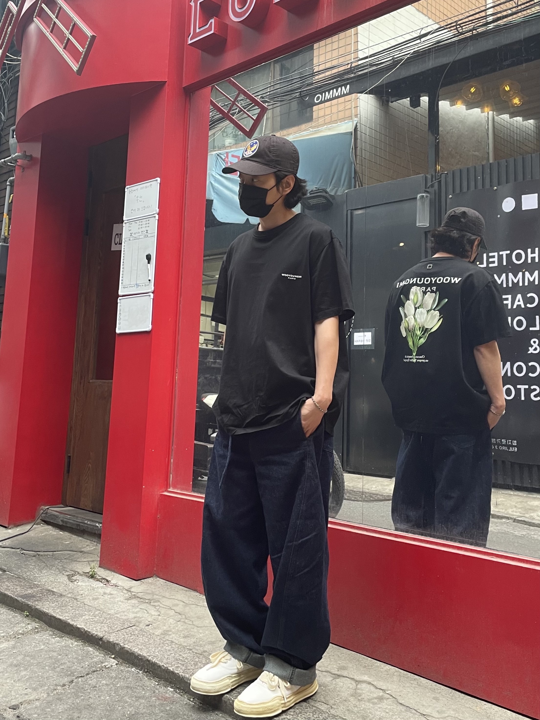 Double RL Garment Dyeing Twill Ball Cap Black, Wooyoungmi Flower Print Back Logo T-Shirt Black - 22SS 착용 스타일