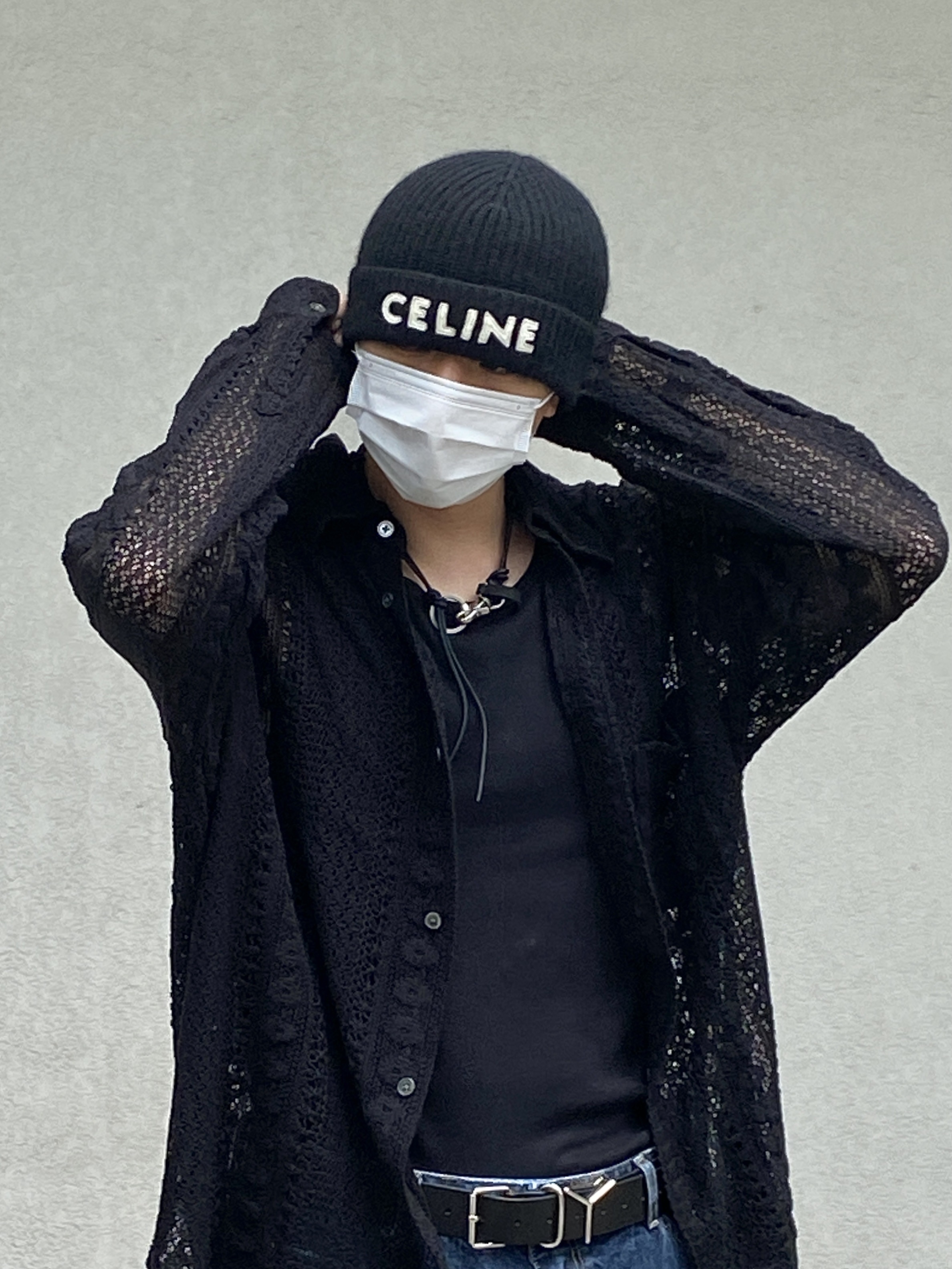 Our Legacy Coco Shirt Black Cotton Crochet, Celine Embroidered Knit Wool Beanie Black 착용 스타일 - 5