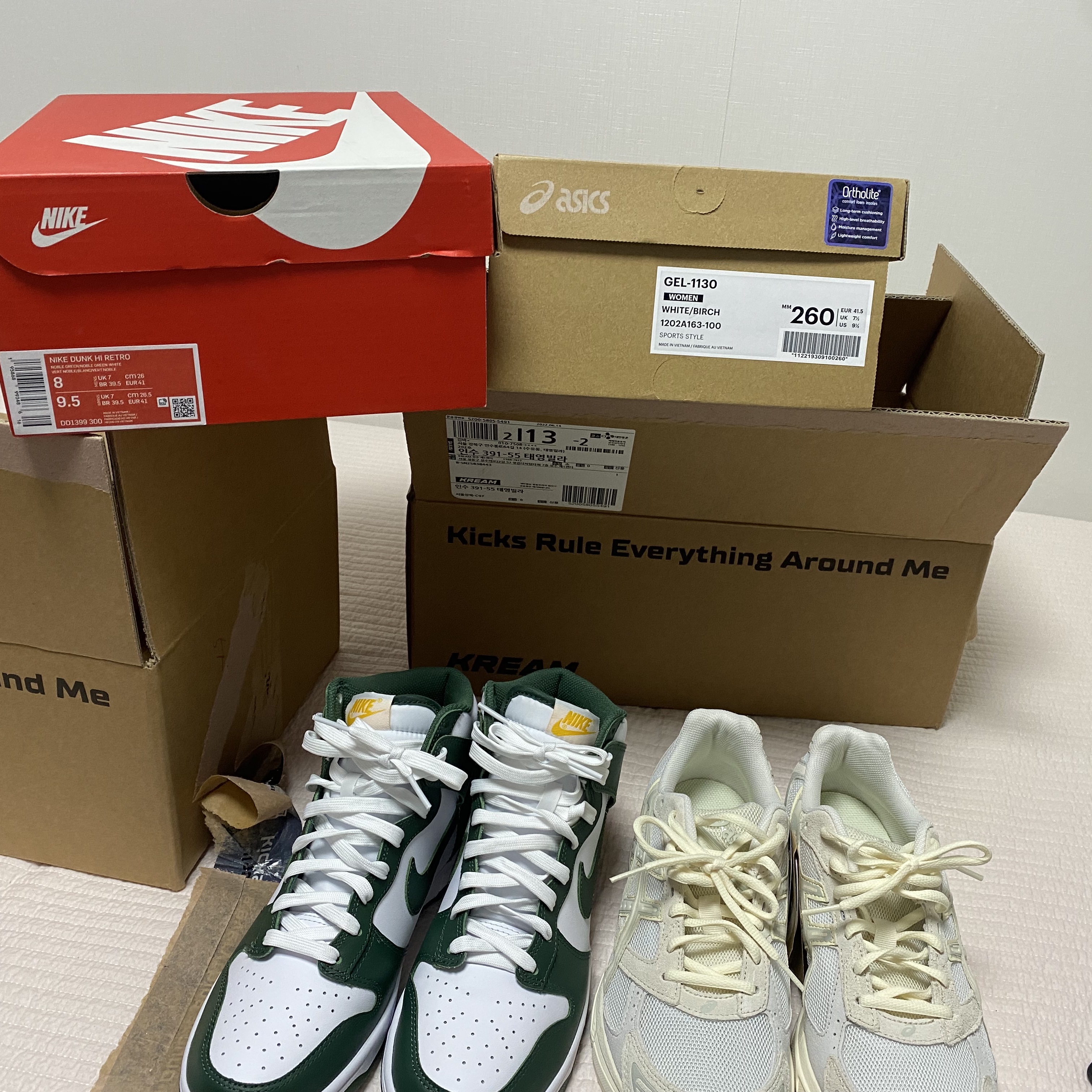 Nike Dunk High Retro Noble Green, (W) Asics Gel-1130 White Birch 착용 스타일