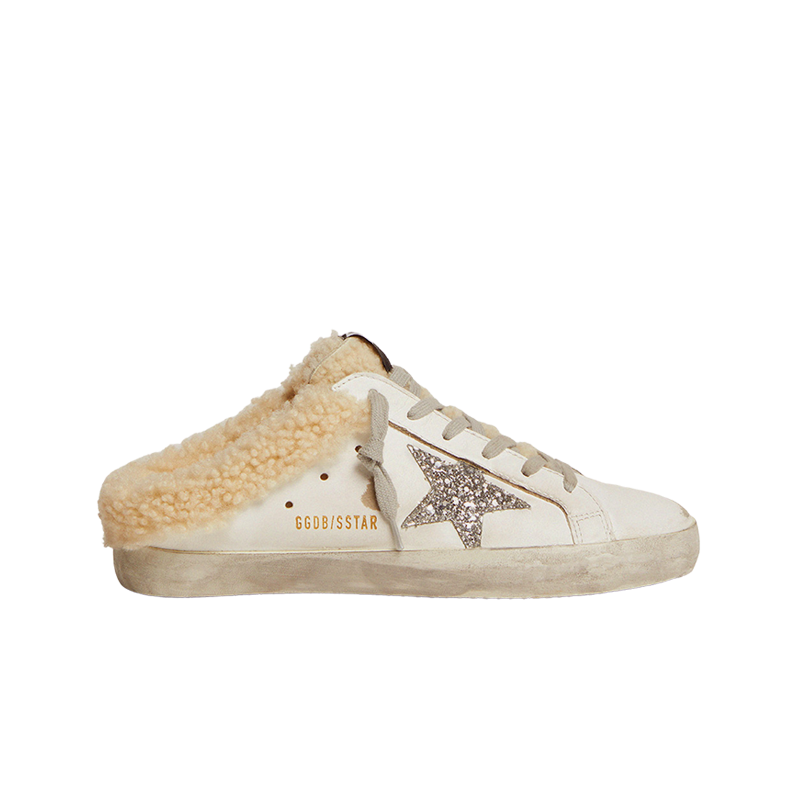 (W) 골든구스 실버 글리터 스타 셔링 라이닝 화이트 레더 슈퍼스타 사보 스니커즈((W) Golden Goose Superstar White Leather with Silver Glitter Star Shearling Lining Sabot Sneakers)