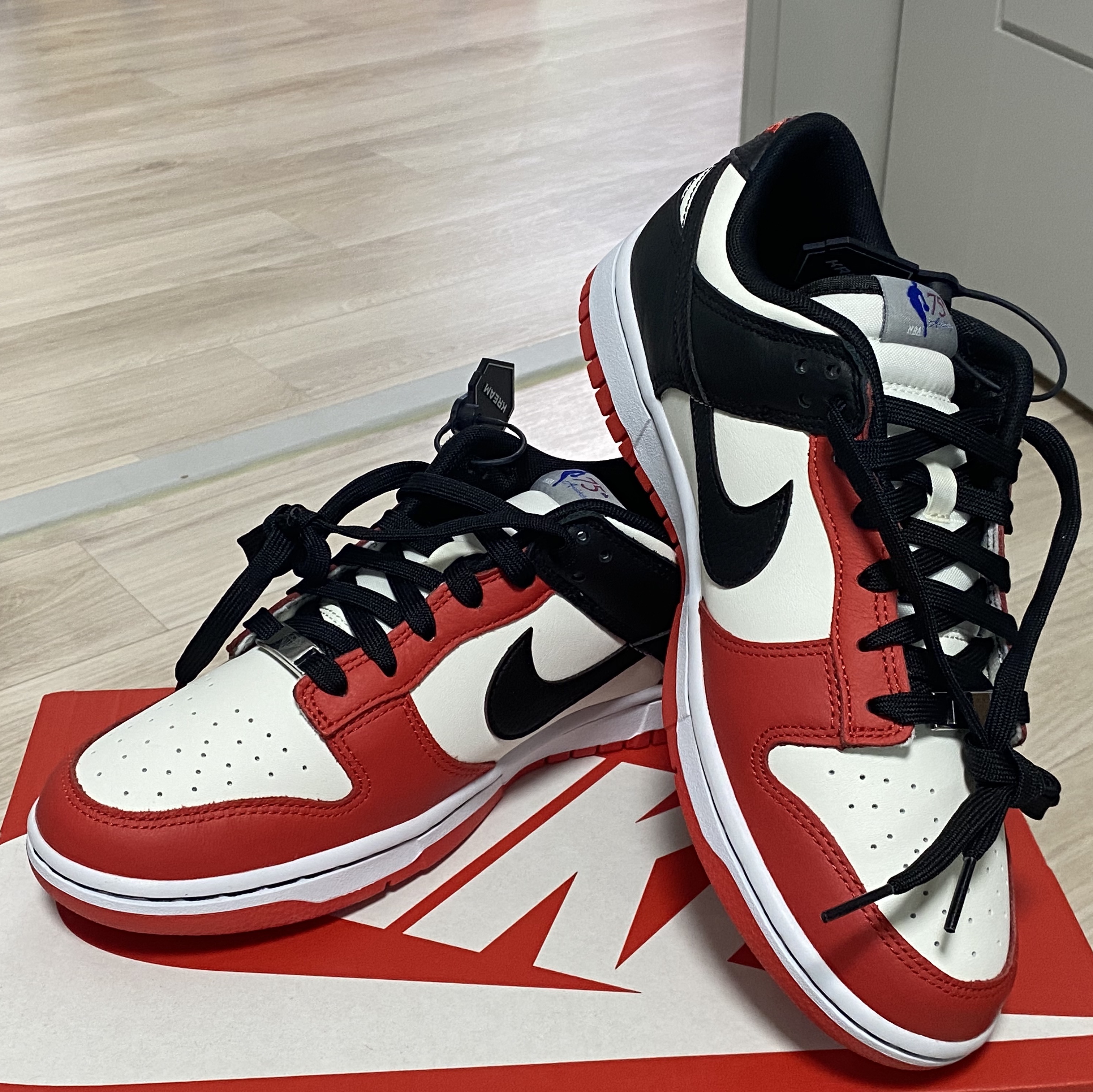 Nike x NBA Dunk Low Retro EMB Black and Chile Red 착용 스타일