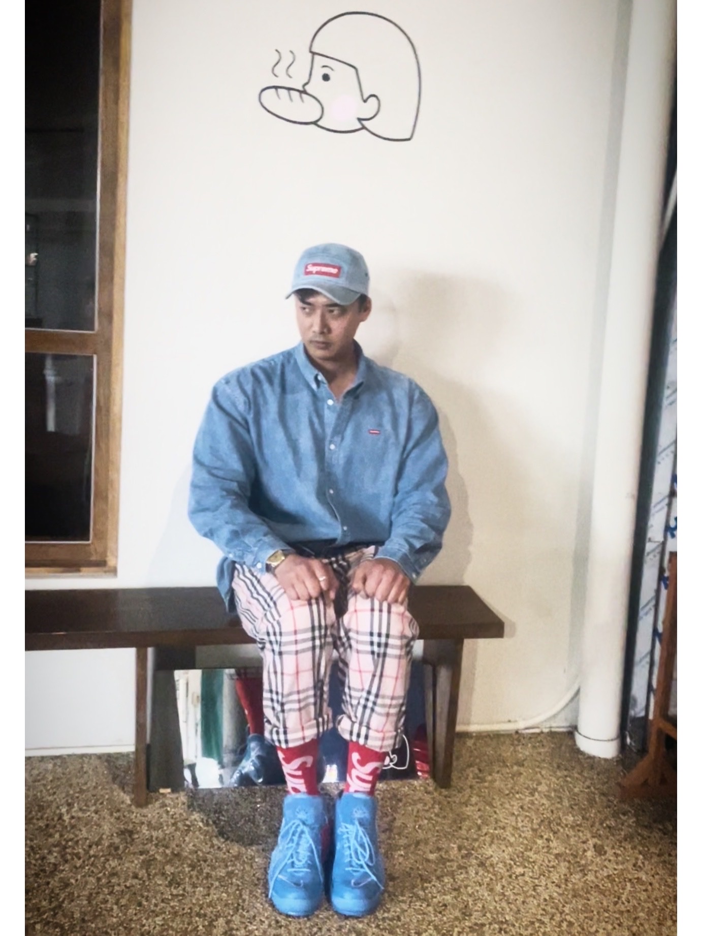 Supreme Washed Chino Twill Camp Cap Denim - 21FW, Supreme Small Box Shirt Denim - 22SS 착용 스타일 - 1