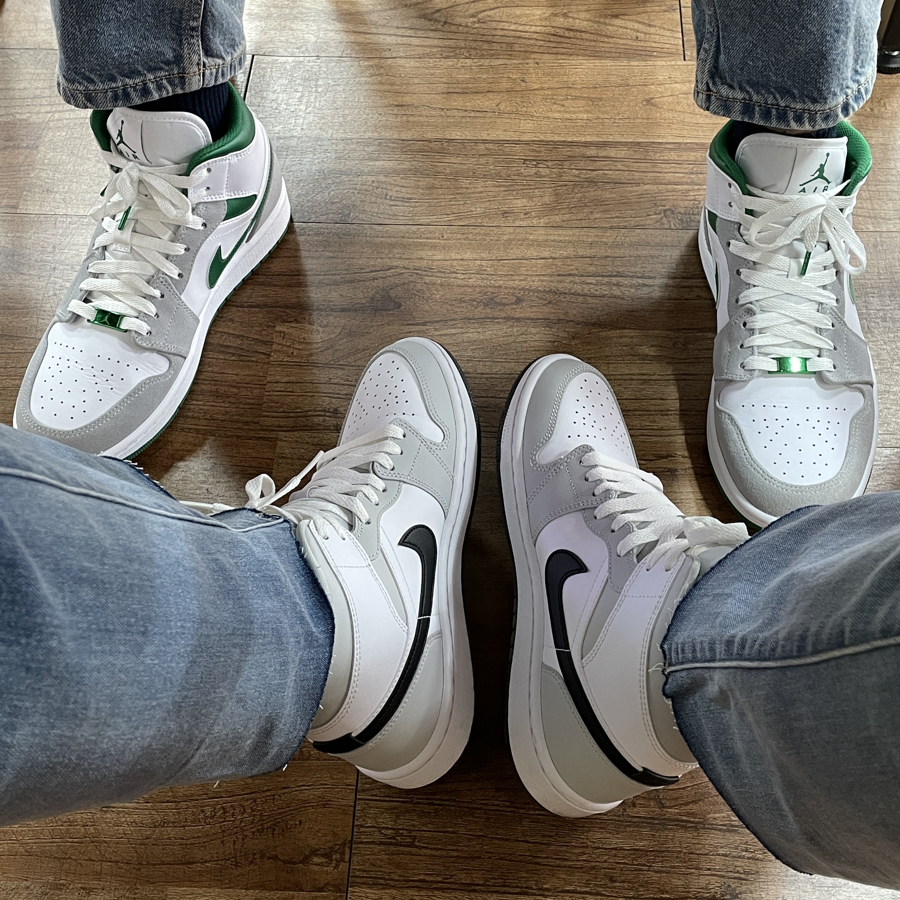 (W) Jordan 1 Mid Grey Fog, Jordan 1 Mid SE Pine Green Light Smoke Grey 착용 스타일