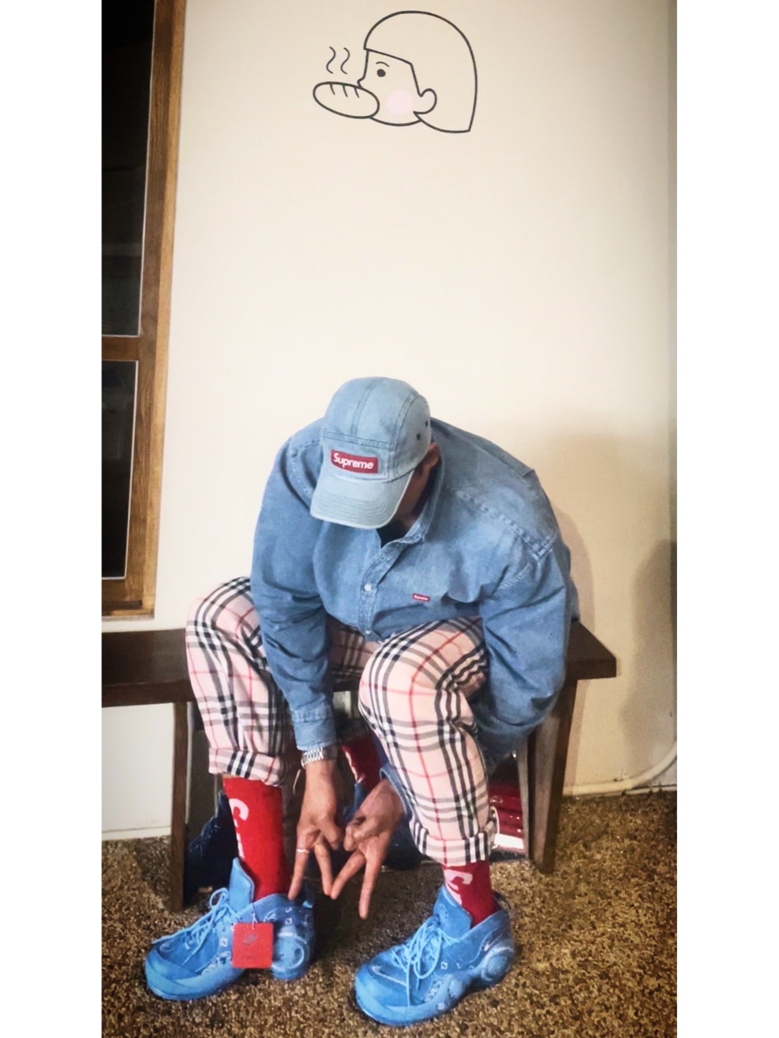 Supreme Washed Chino Twill Camp Cap Denim - 21FW, Supreme Small Box Shirt Denim - 22SS 착용 스타일 - 1