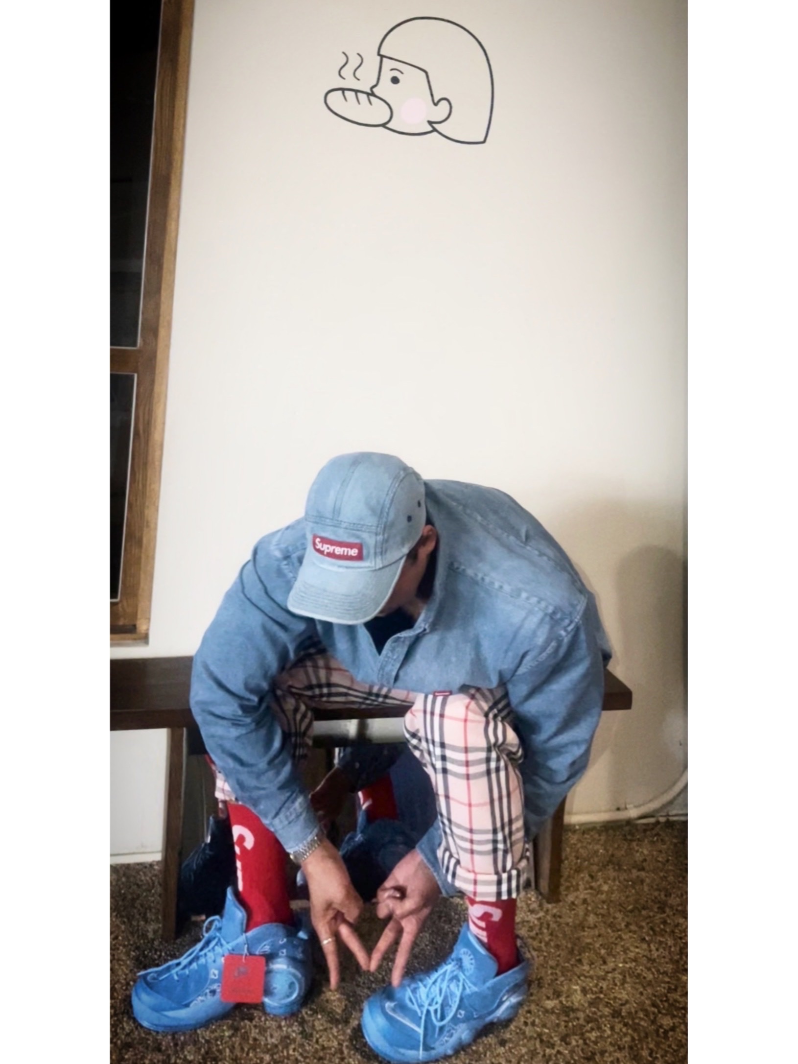 Supreme Washed Chino Twill Camp Cap Denim - 21FW, Supreme Small Box Shirt Denim - 22SS 착용 스타일 - 2