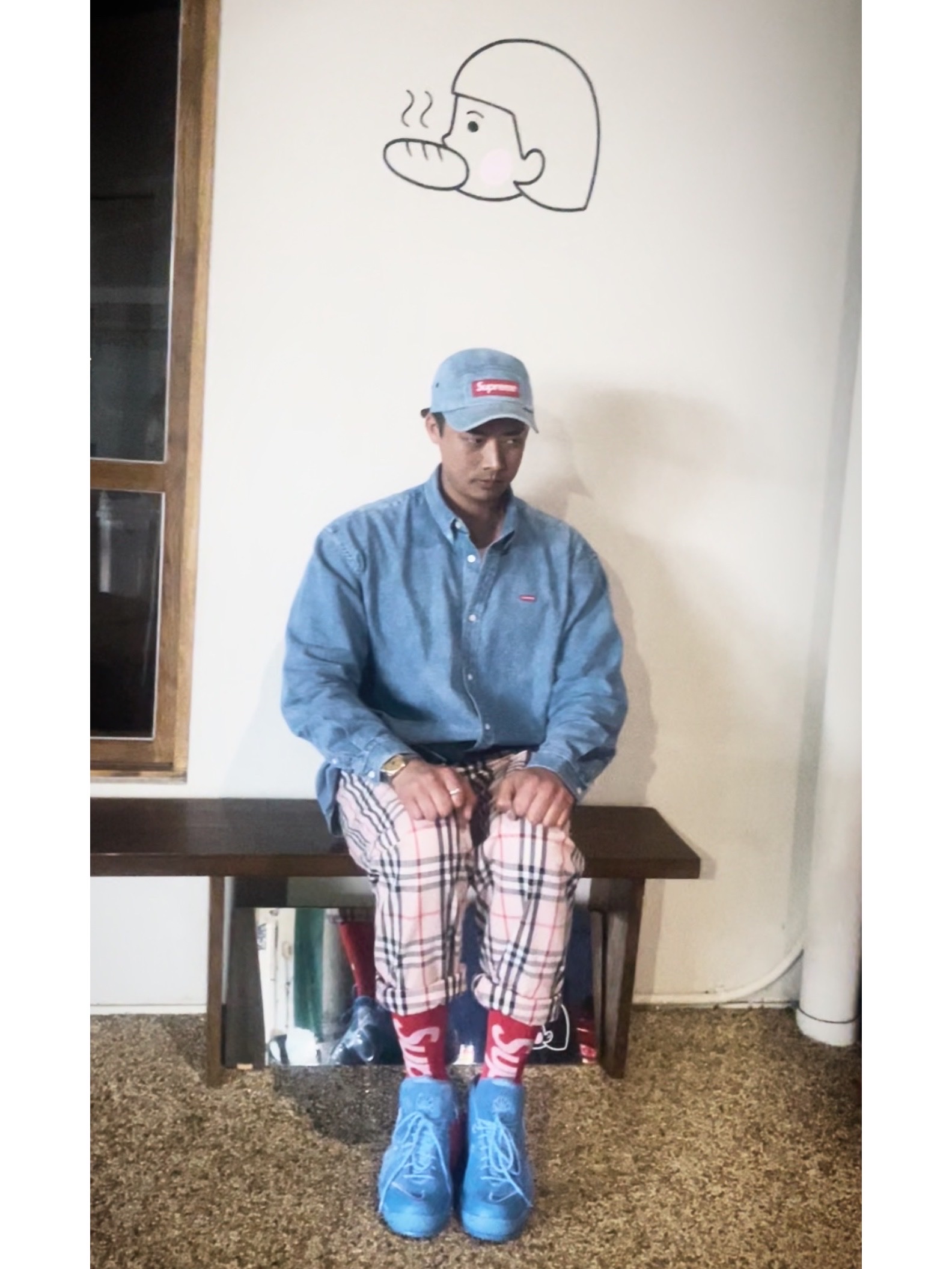 Supreme Washed Chino Twill Camp Cap Denim - 21FW, Supreme Small Box Shirt Denim - 22SS 착용 스타일 - 3