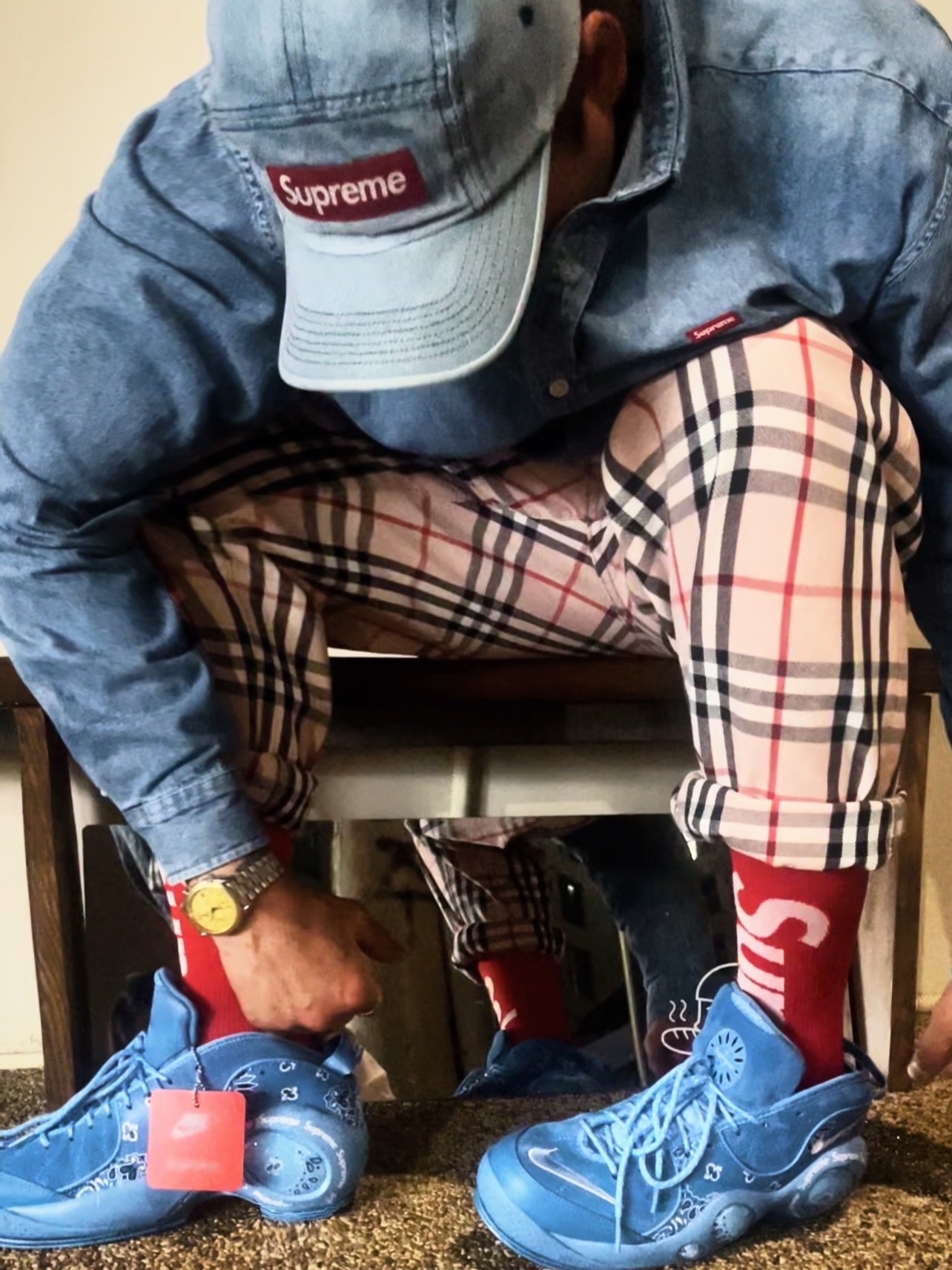Supreme Washed Chino Twill Camp Cap Denim - 21FW, Supreme Small Box Shirt Denim - 22SS 착용 스타일 - 3