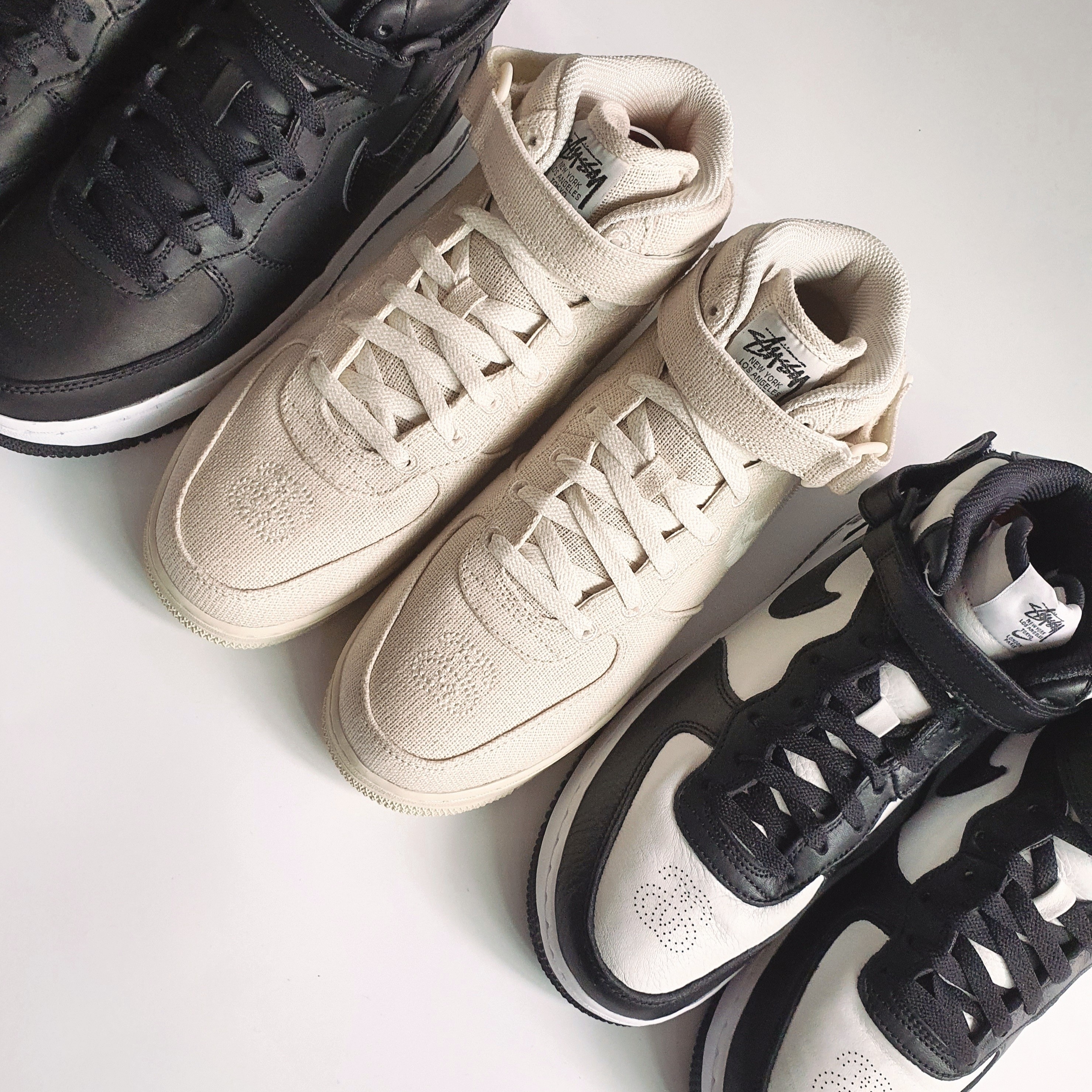 Nike x Stussy Air Force 1 '07 Mid SP Black and Light Bone, Nike x Stussy Air Force 1 '07 Mid SP Fossil 착용 스타일