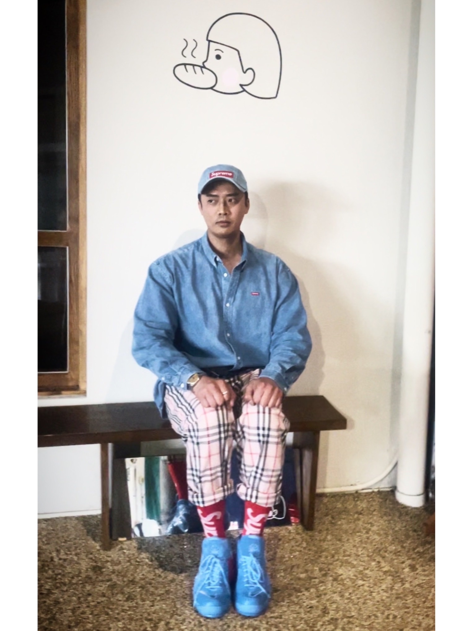 Supreme Washed Chino Twill Camp Cap Denim - 21FW, Supreme Small Box Shirt Denim - 22SS 착용 스타일 - 2