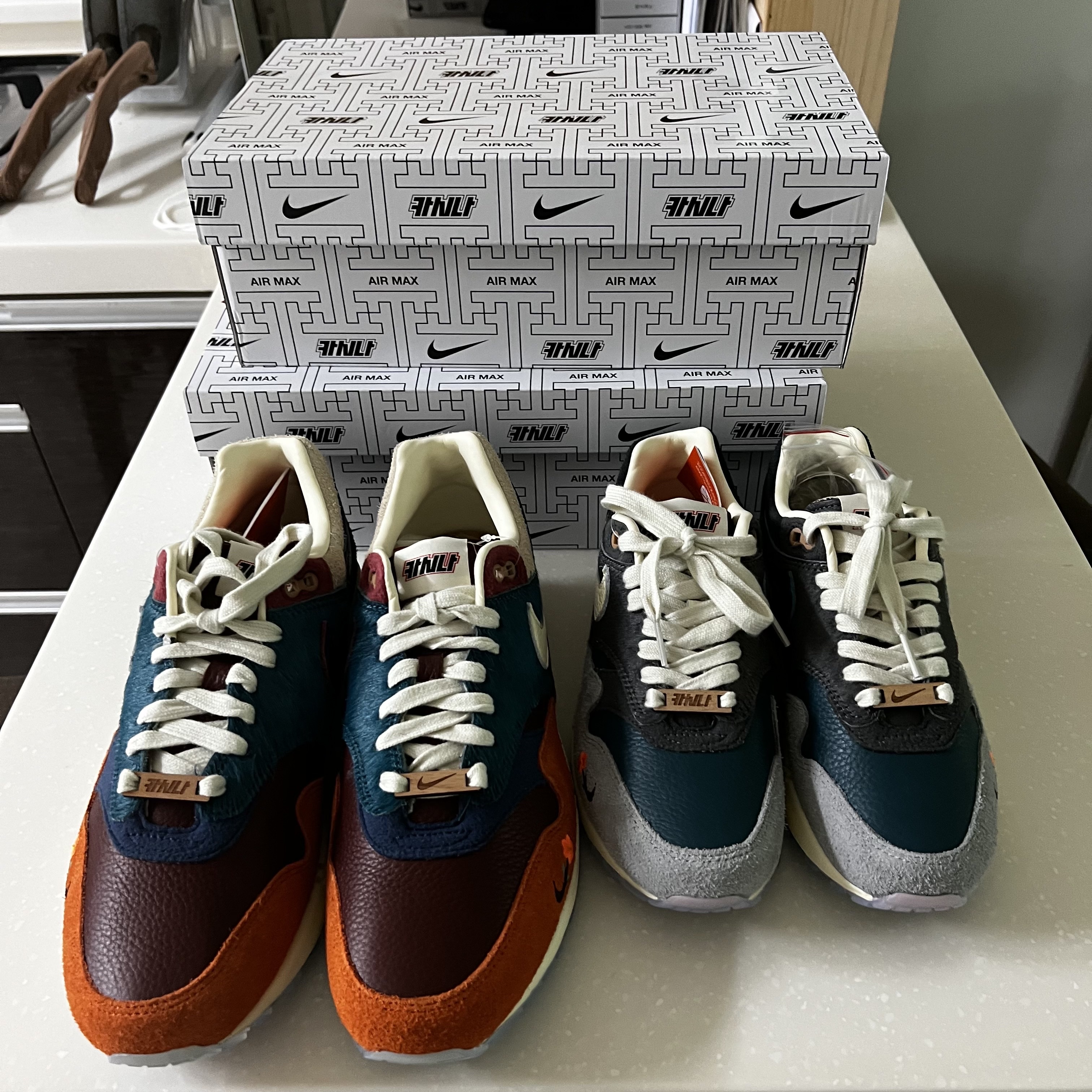 Nike x Kasina Air Max 1 SP Won-Ang Orange, Nike x Kasina Air Max 1 SP Won-Ang Particle Grey 착용 스타일 - 1