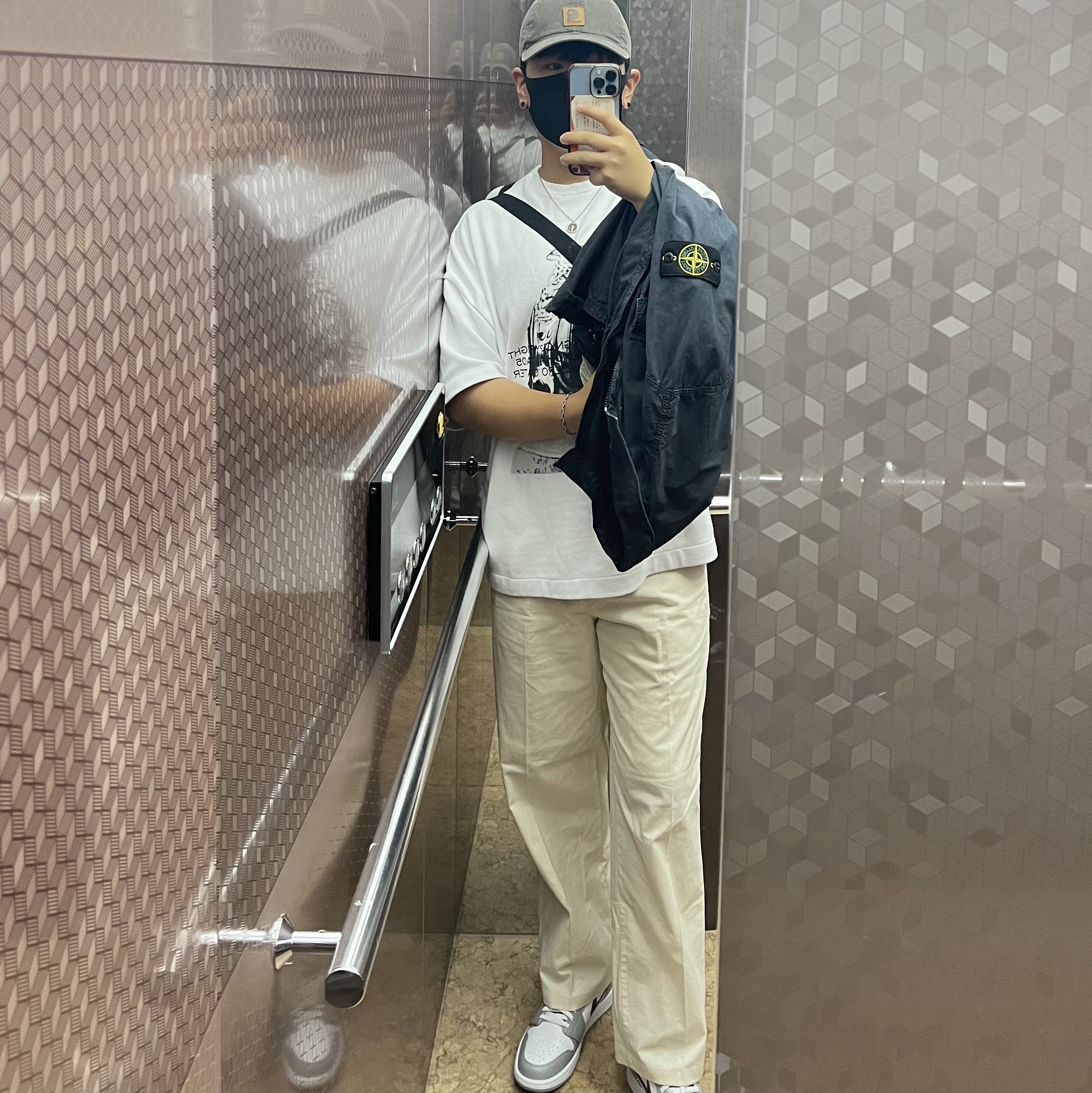 Jordan 1 Mid Light Smoke Grey Anthracite, Stone Island 114WN T.CO+OLD Overshirt Steel Grey - 22SS 착용 스타일