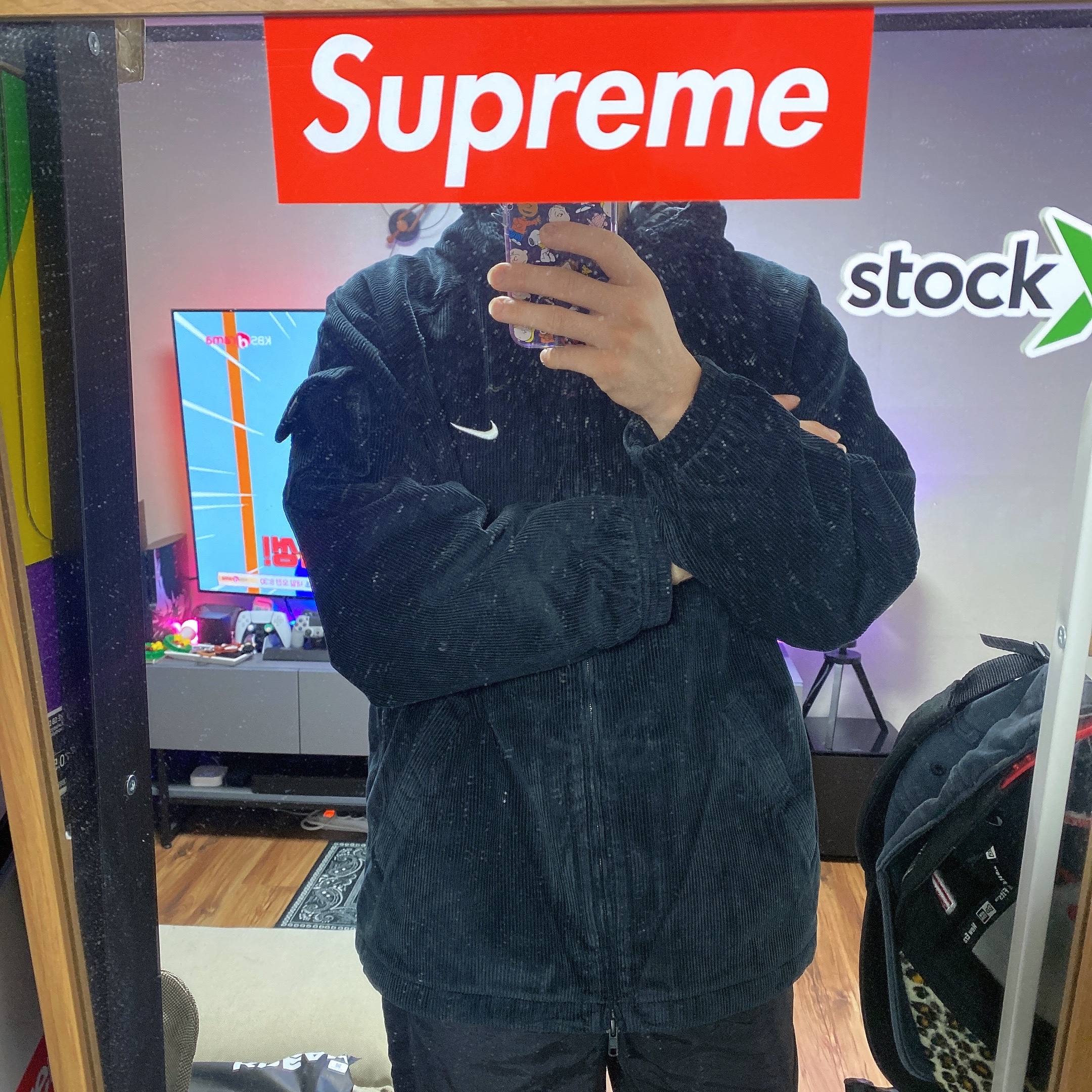 Supreme x Nike Arc Corduroy Hooded Jacket Black - 22SS 착용 스타일 - 4