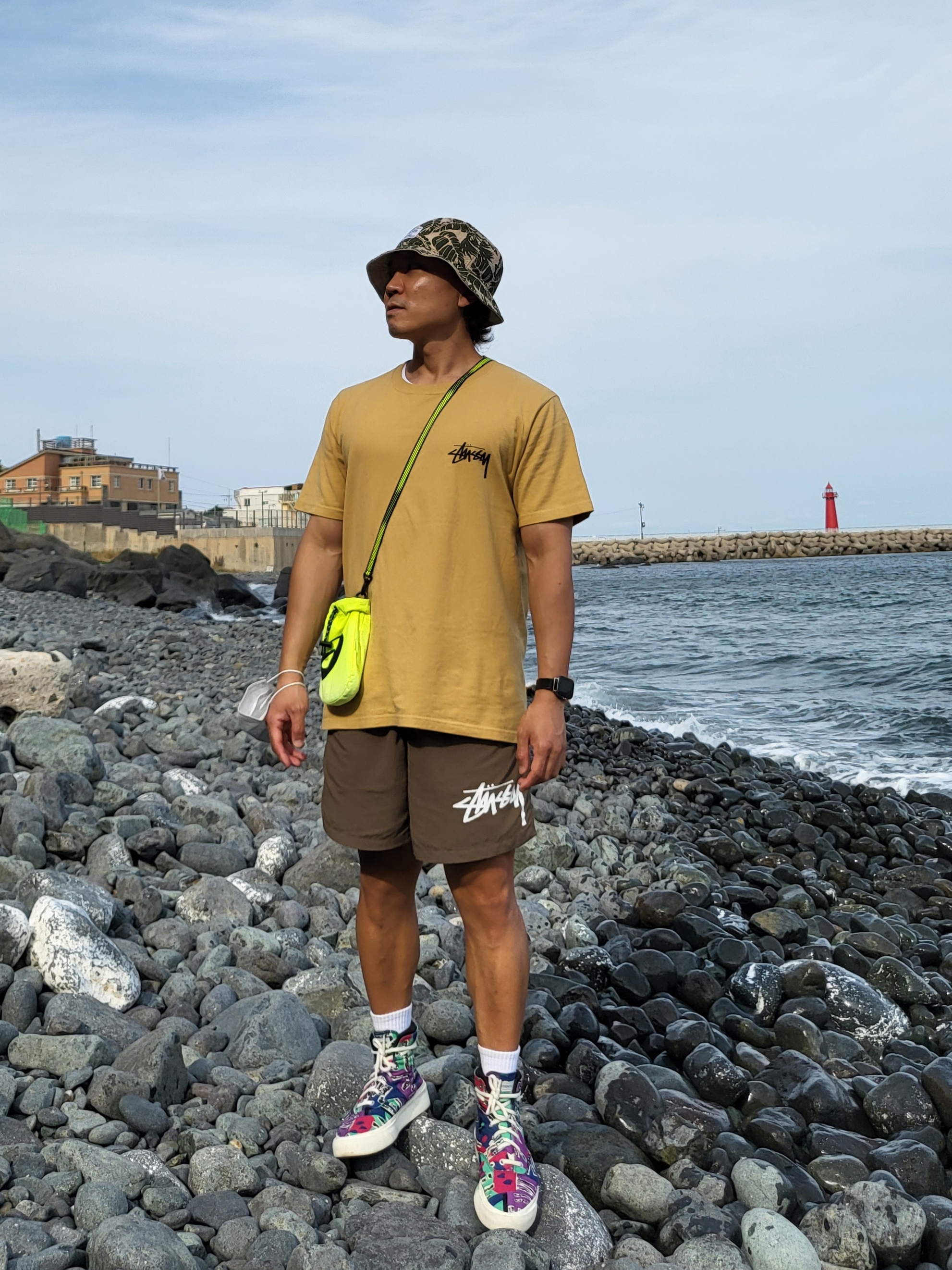 Stussy Big Link T-Shirt Khaki, Stussy Big Stock Water Shorts Brown 착용 스타일