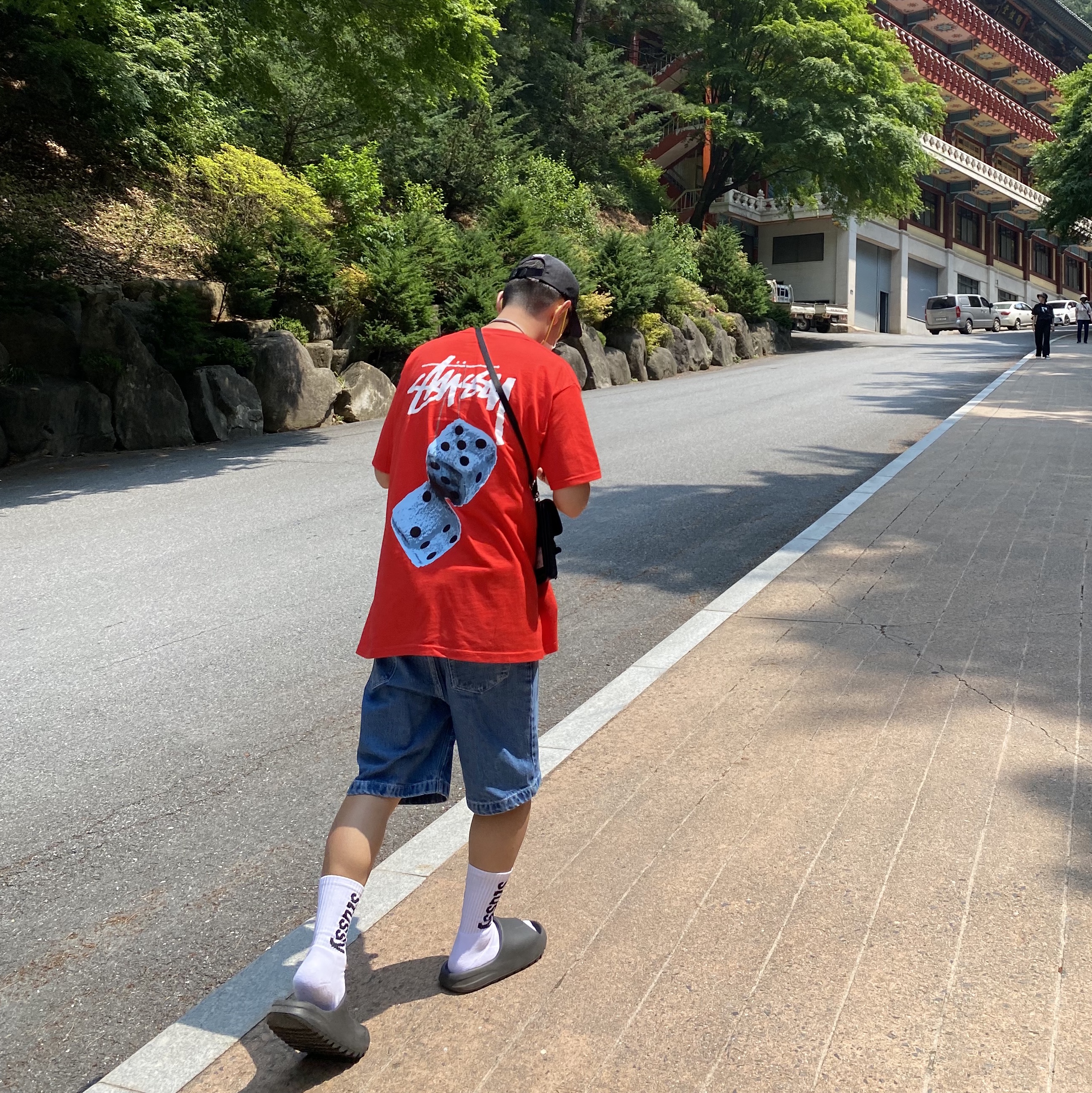 Stussy Fuzzy Dice T-Shirt Red, Stussy Washed Nylon Symbol Low Pro Cap Black 착용 스타일