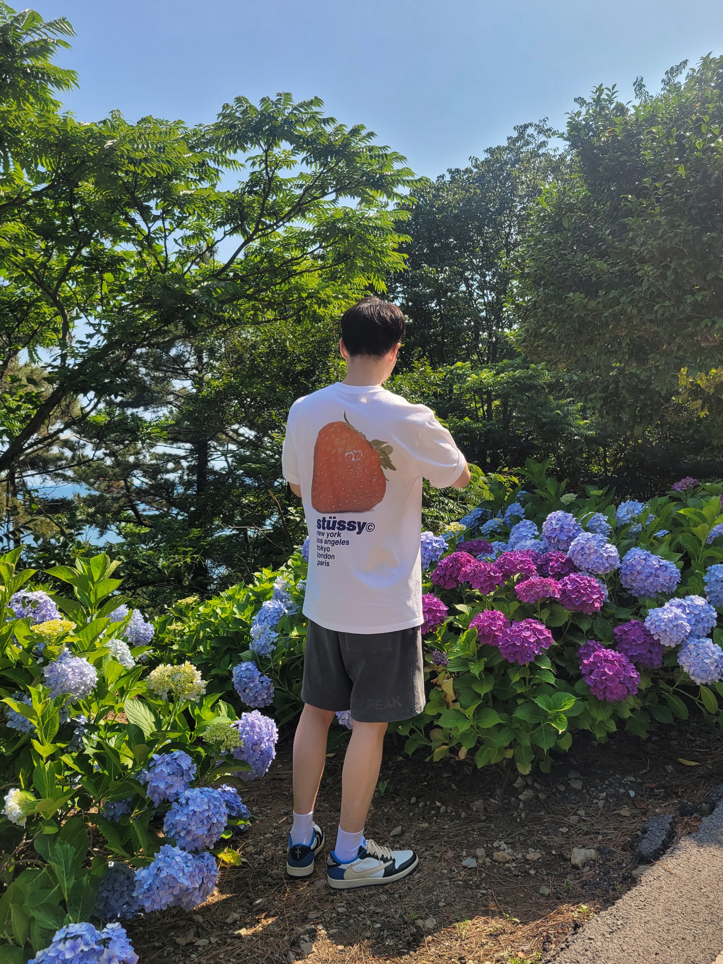Stussy Strawberry T-Shirt White, Jordan 1 x Travis Scott x Fragment Retro Low OG SP Military Blue 착용 스타일 - 1