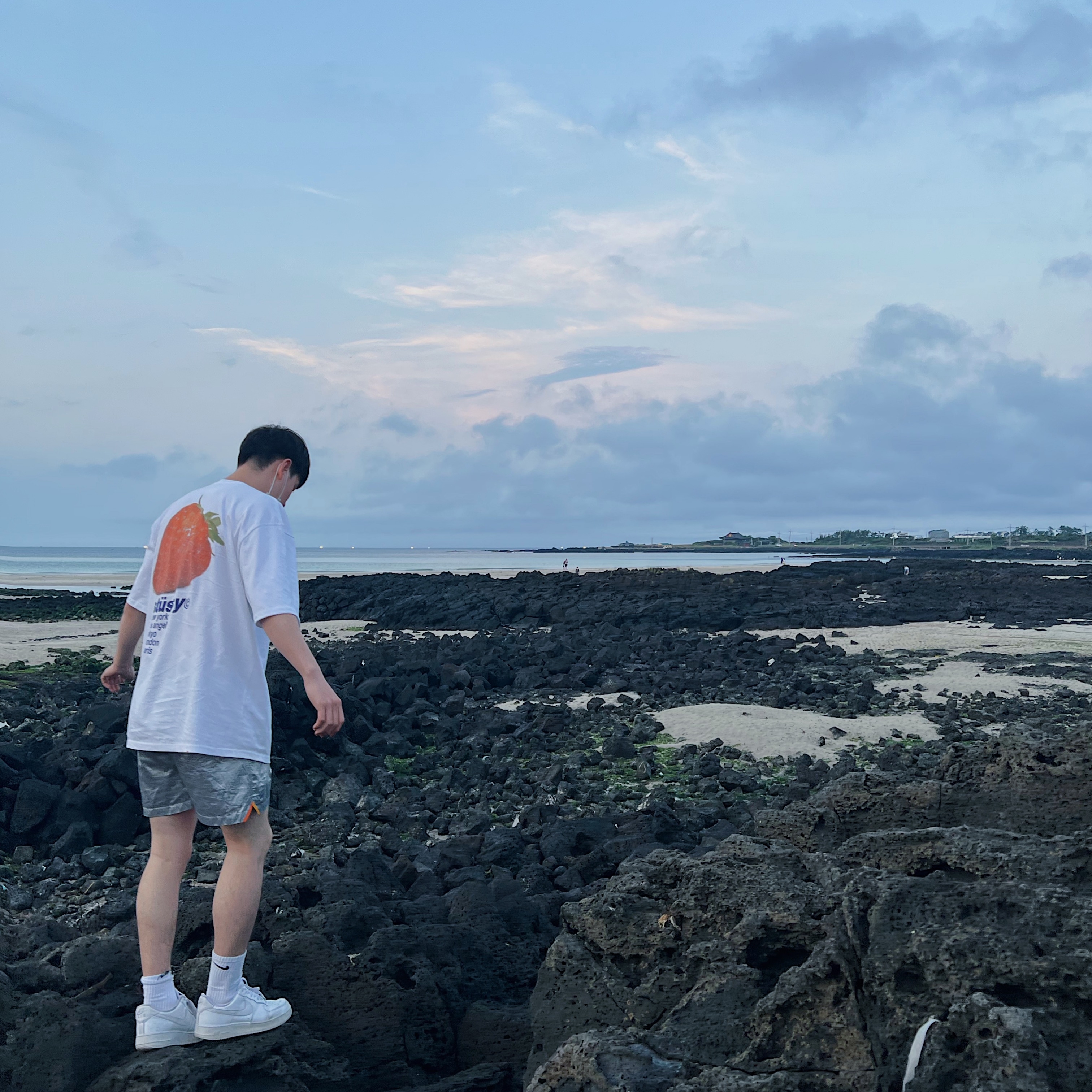 Stussy Strawberry T-Shirt White, IAB Studio x Asics Silver Woven Shorts 착용 스타일