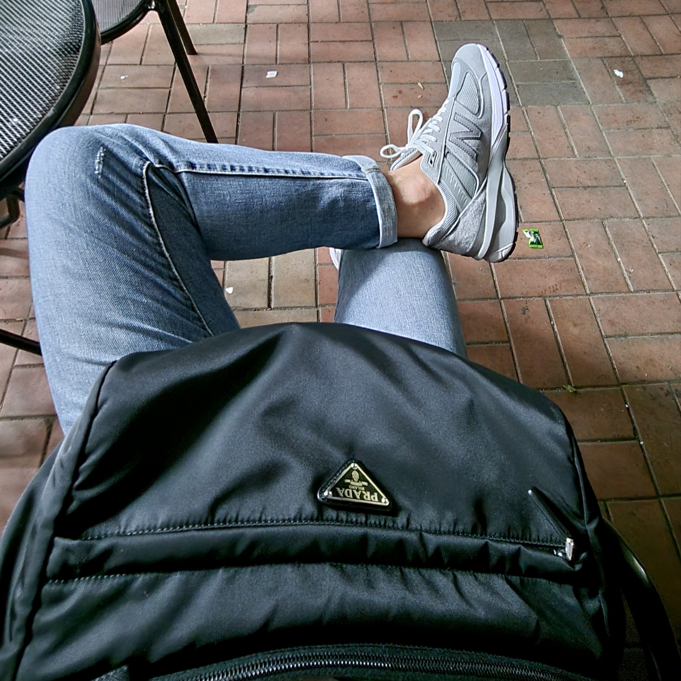 Prada Re-Nylon and Saffiano Leather Shoulder Bag Black, New Balance 990v5 Made in USA Vegan Grey 착용 스타일