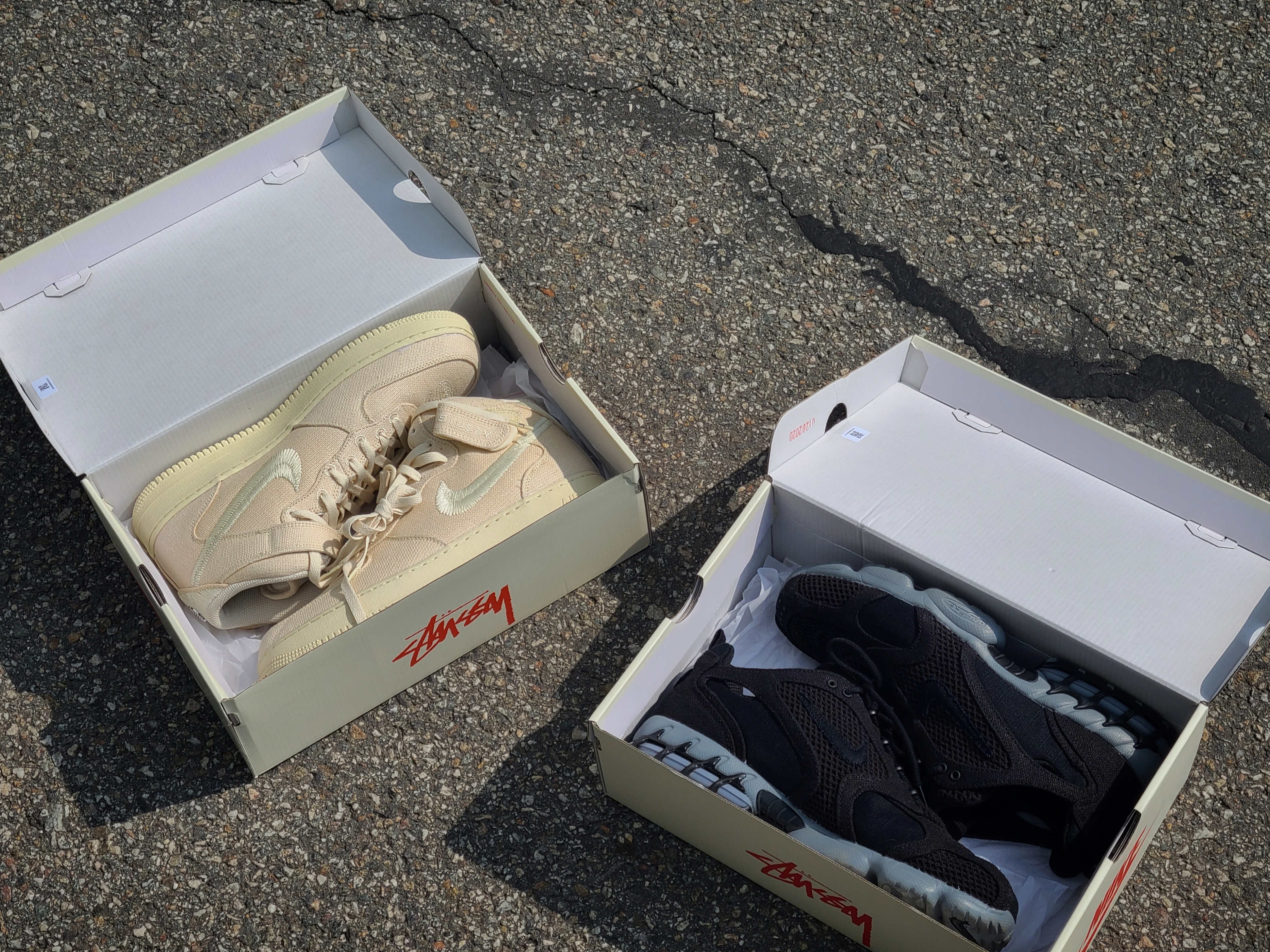 Nike x Stussy Air Zoom Spiridon Cage 2 Black, Nike x Stussy Air Force 1 '07 Mid SP Fossil 착용 스타일