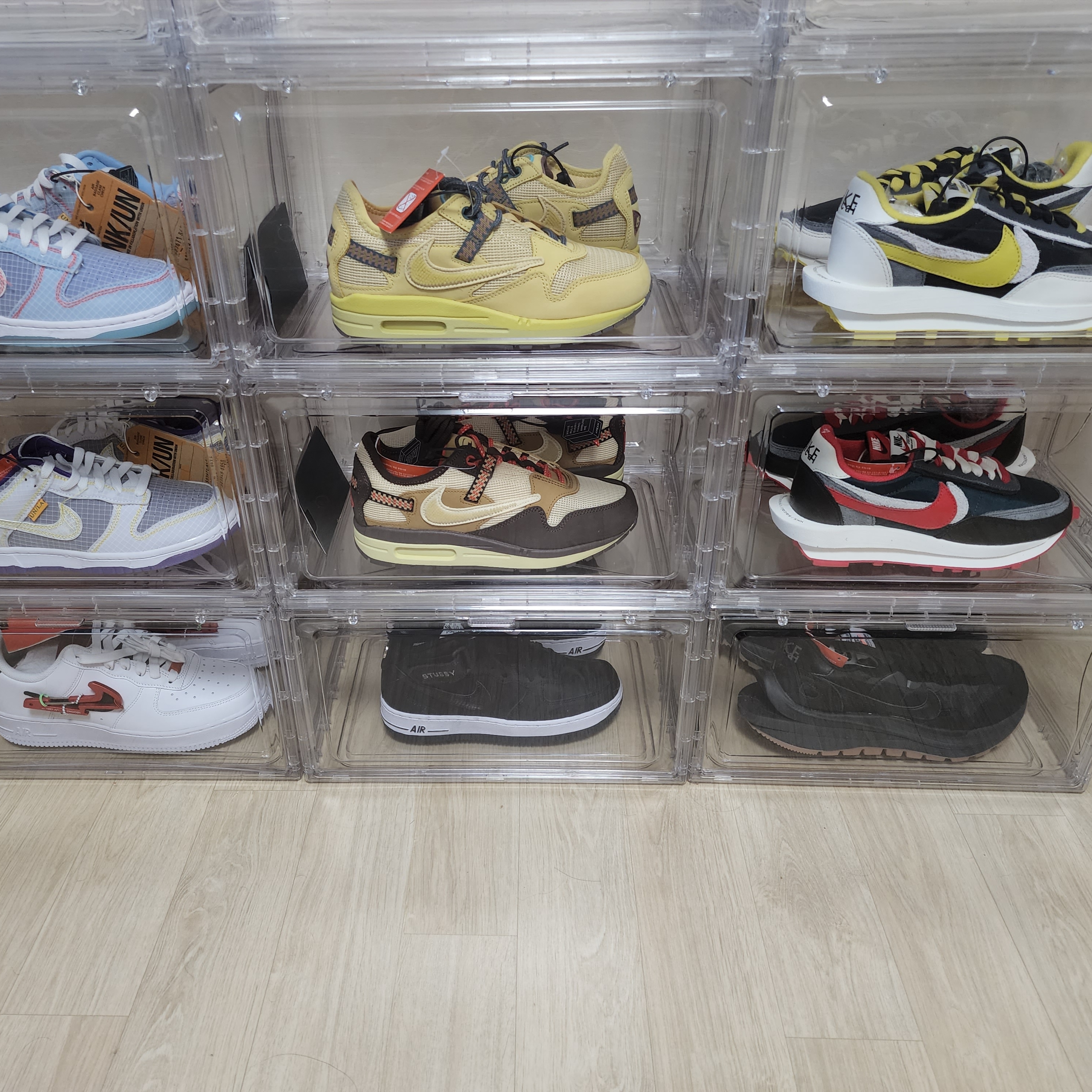Nike x Sacai x Undercover LDWaffle Black Bright Citron, Nike x Sacai x Undercover LDWaffle Midnight Spruce University Red 착용 스타일
