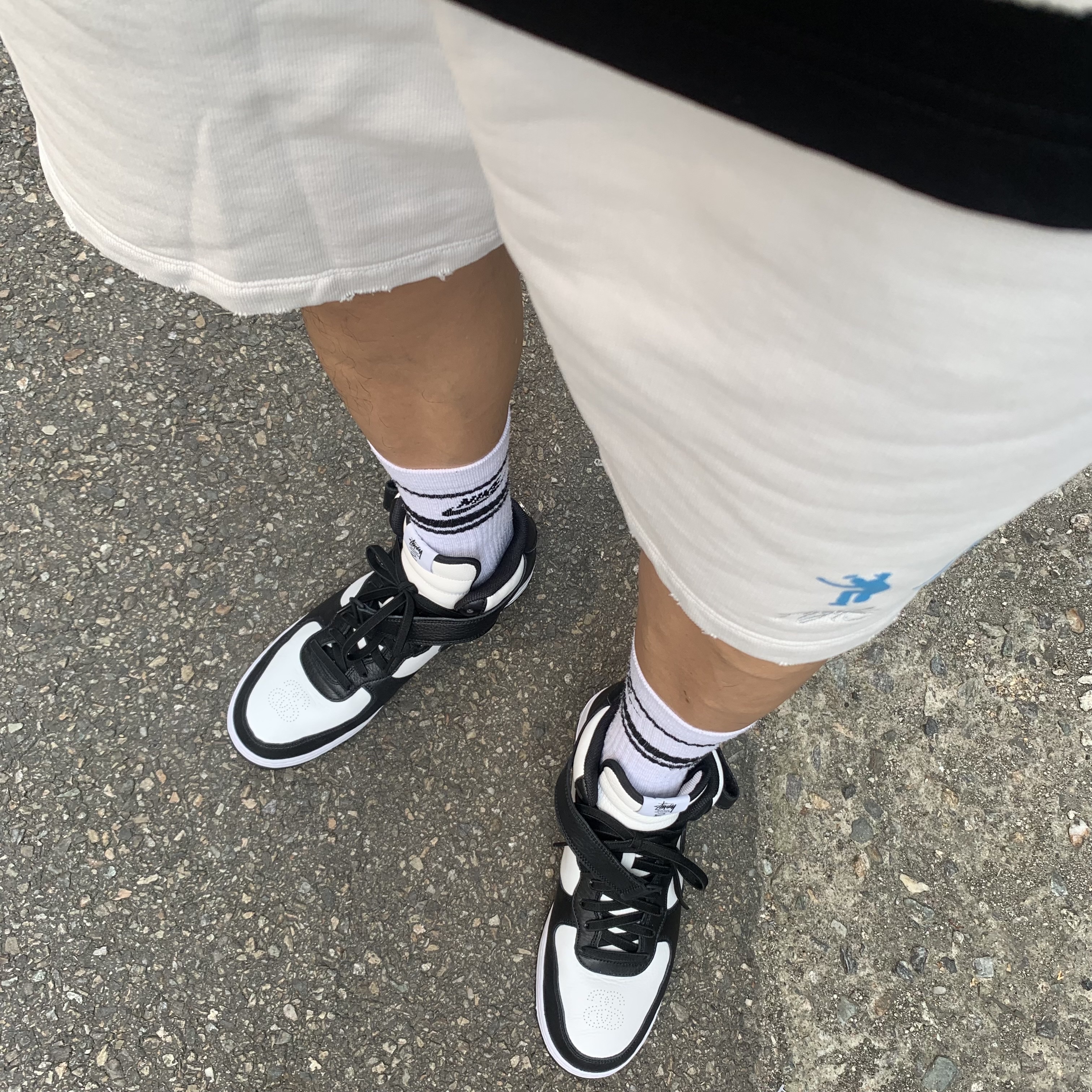Nike x Stussy Air Force 1 '07 Mid SP Black and Light Bone, Jordan x Union Fleece Shorts Photon Dust - US/EU 착용 스타일