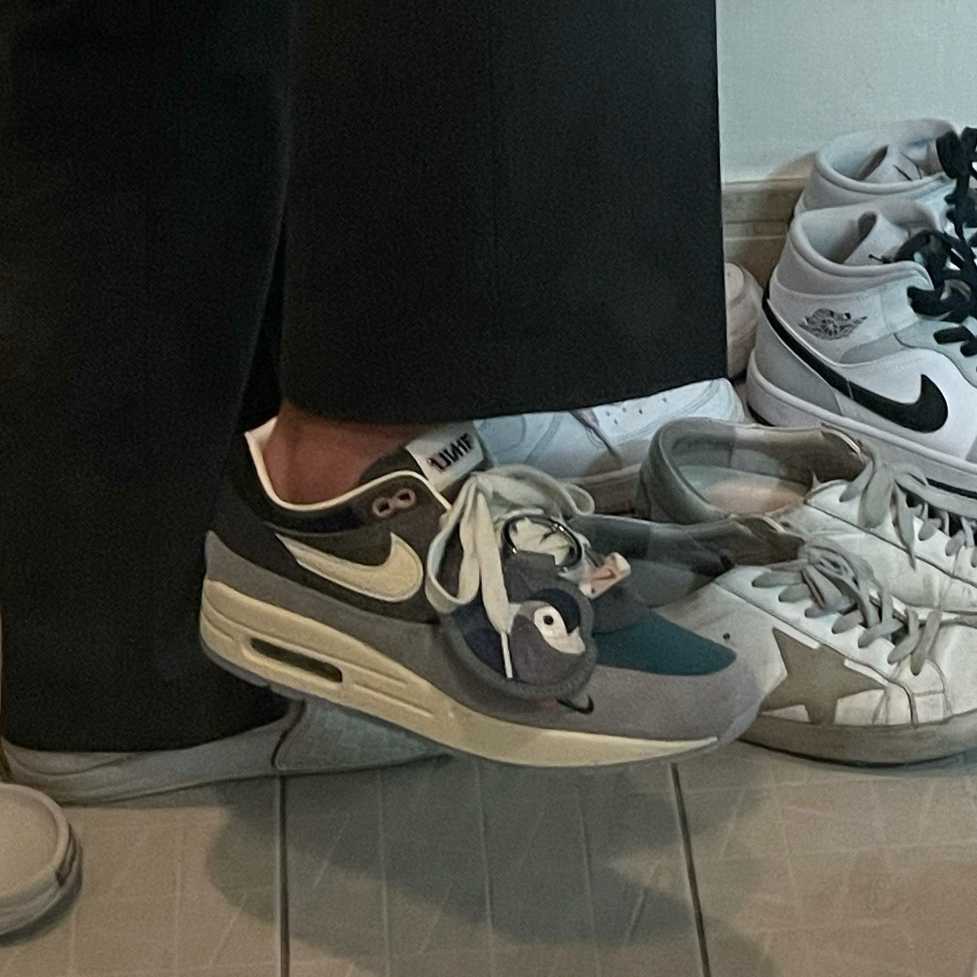 Nike x Kasina Air Max 1 SP Won-Ang Particle Grey, Nike Dunk Low Retro Valerian Blue 착용 스타일 - 2
