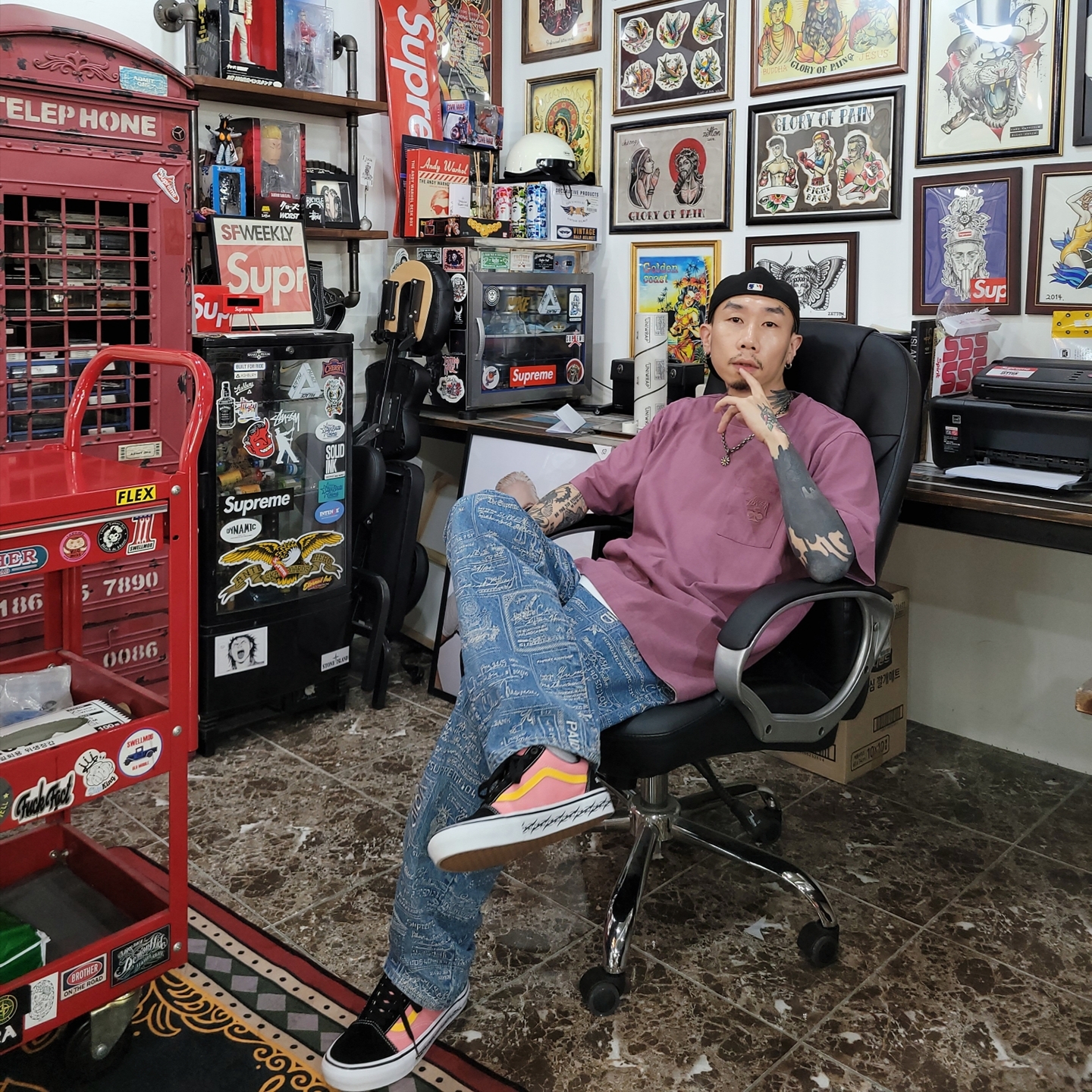 Supreme Checks Embroidered Jean Blue - 20SS, Vans x Supreme Old Skool Tribal Black Pink 착용 스타일