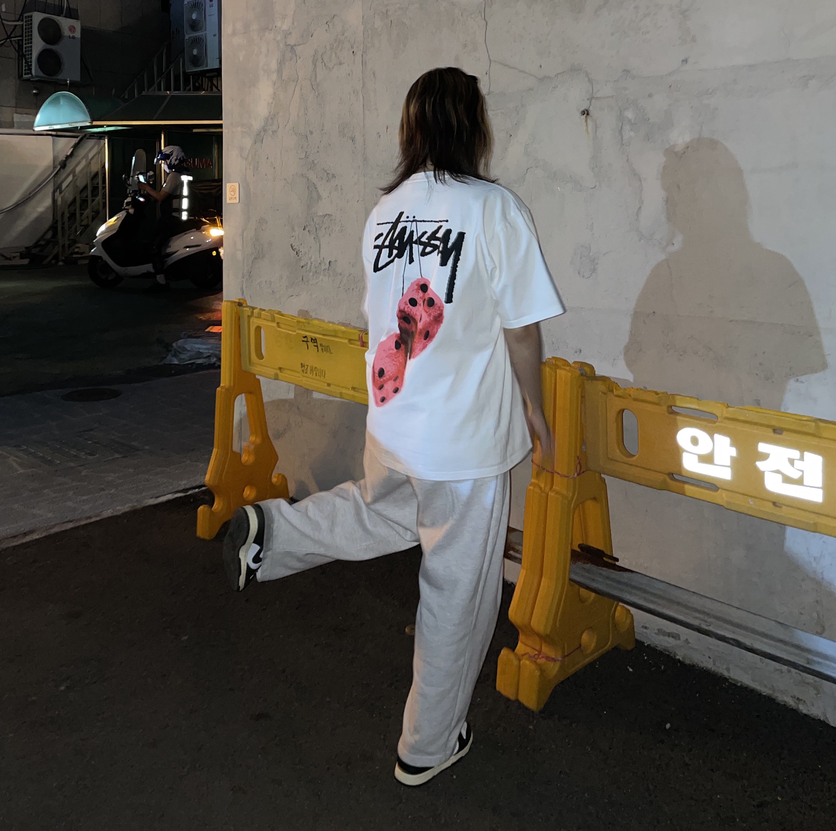 Stussy Fuzzy Dice T-Shirt White, (W) Nike Dunk Low Vintage Green 착용 스타일