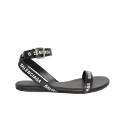 (W) Balenciaga Smooth Calfskin Allover Logo Printed Round Sandal Black