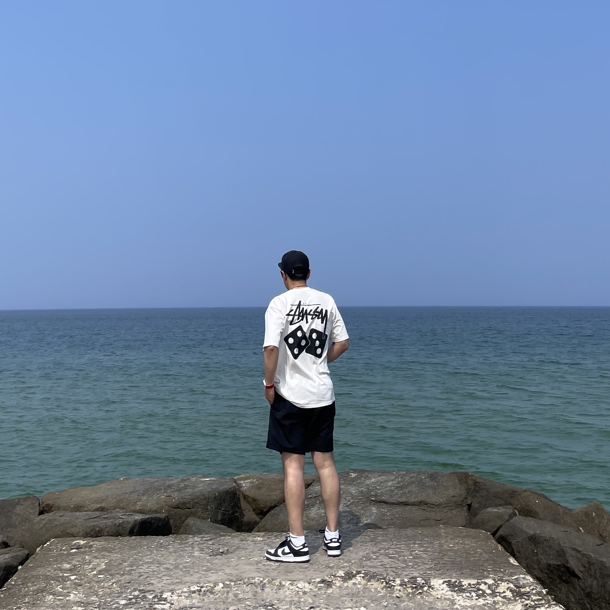 Stussy Big Stock Water Shorts Black, Nike Dunk Low Retro Black 착용 스타일 - 1