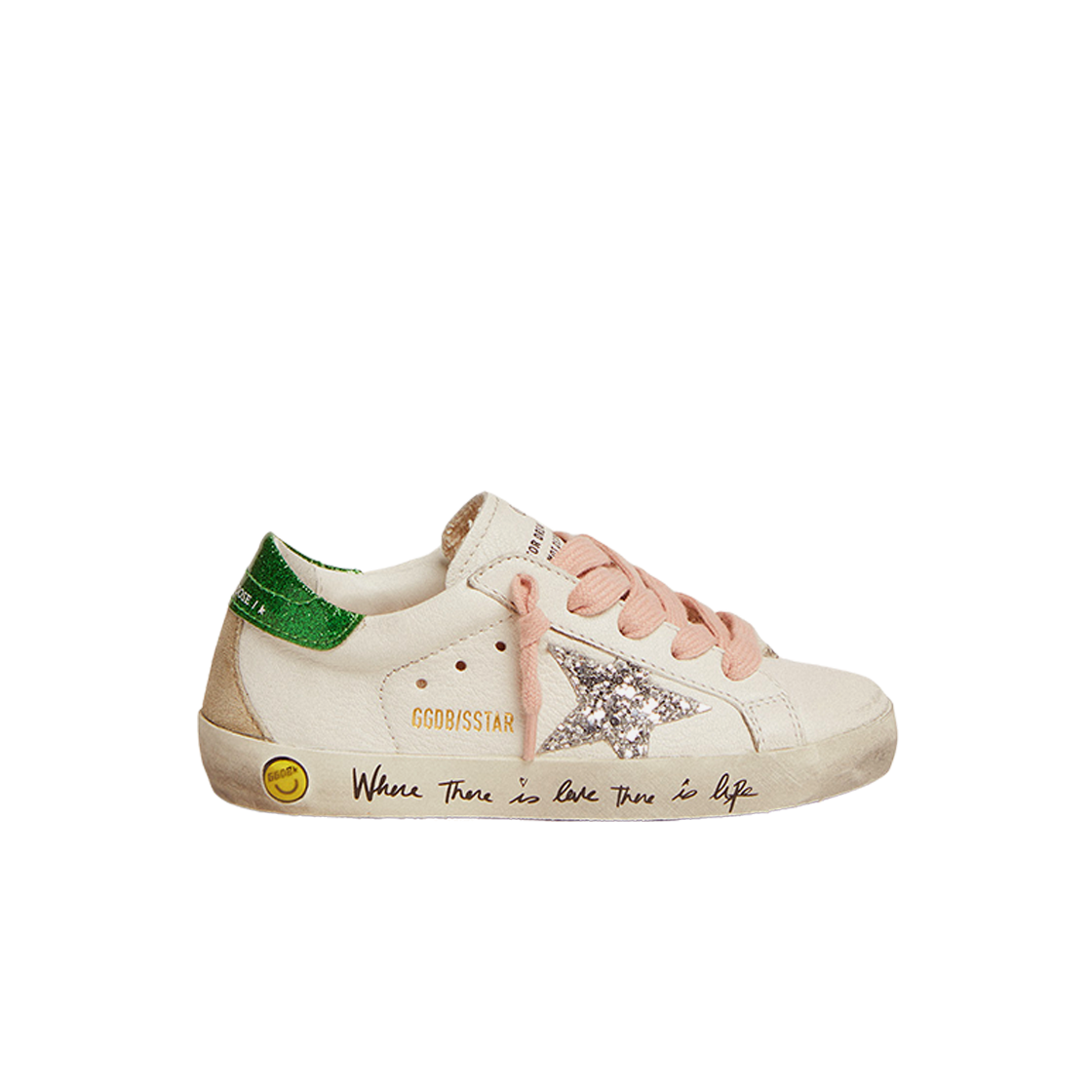(키즈) 골든구스 슈퍼스타 화이트 글리터 그린탭 스니커즈((Kids) Golden Goose Superstar White Glitter Green Heel Tab Sneakers) - 1