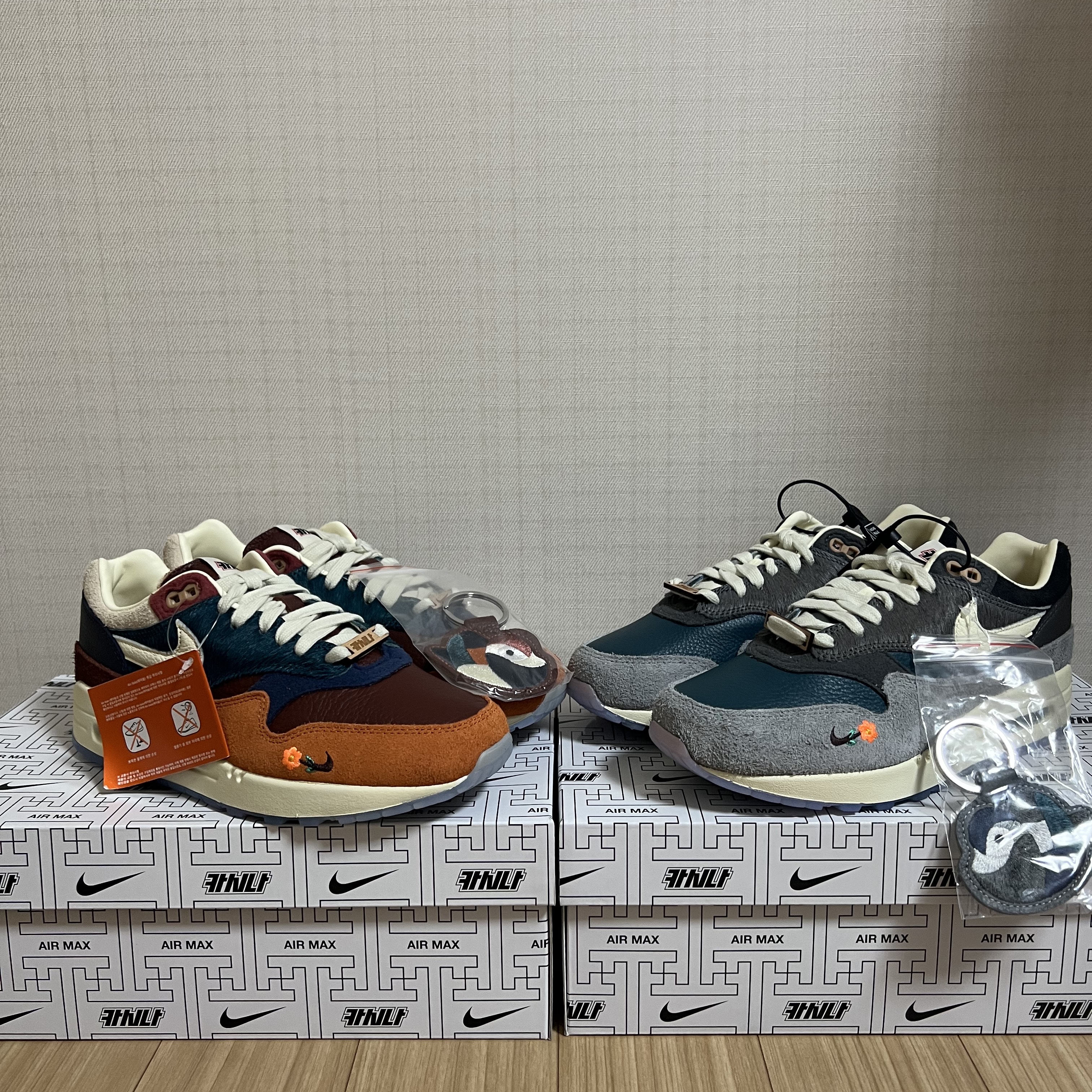 Nike x Kasina Air Max 1 SP Won-Ang Orange, Nike x Kasina Air Max 1 SP Won-Ang Particle Grey 착용 스타일