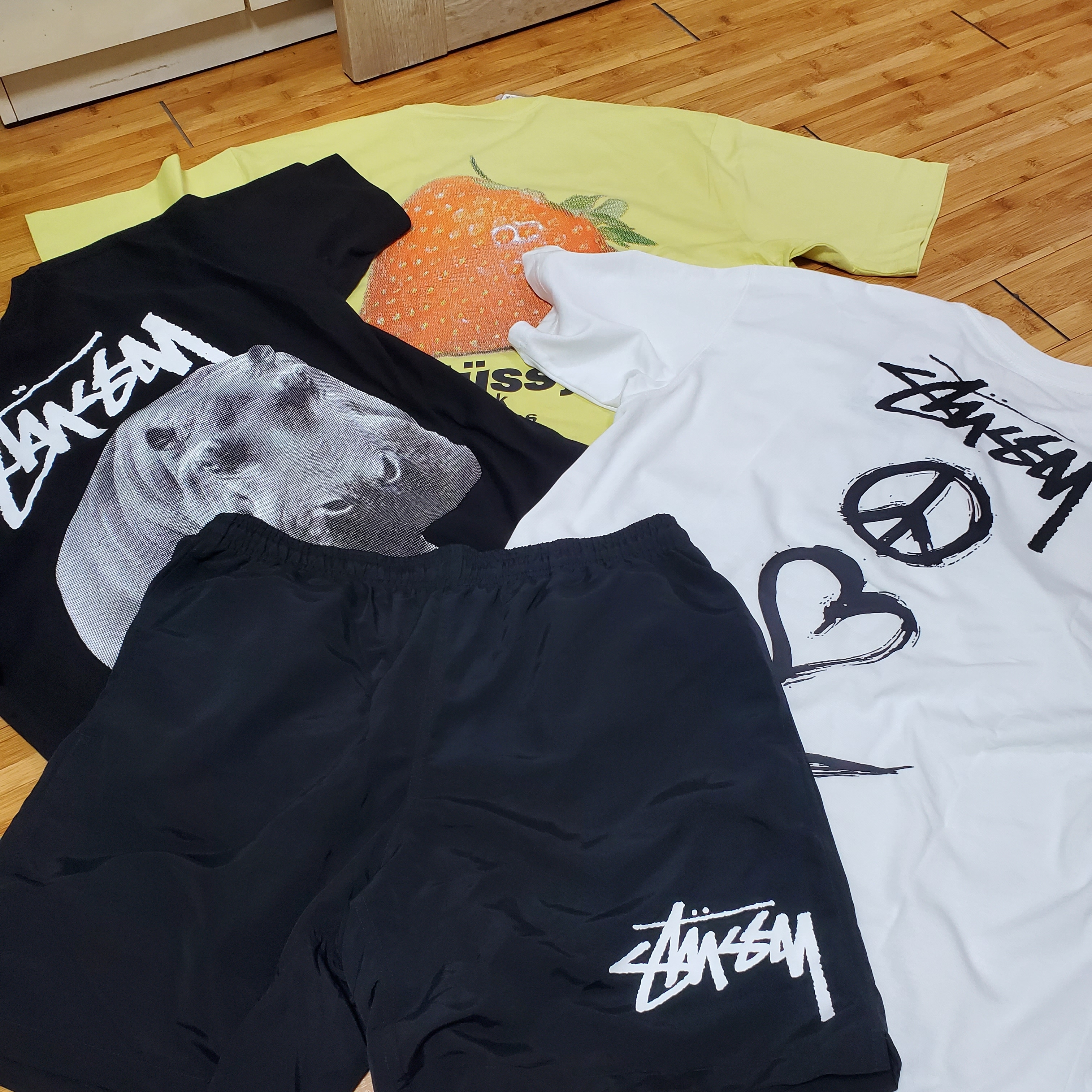 Nike x Stussy NRG RA T-Shirt Summit White (DM4942-121), Stussy Big Stock Water Shorts Black 착용 스타일 - 1