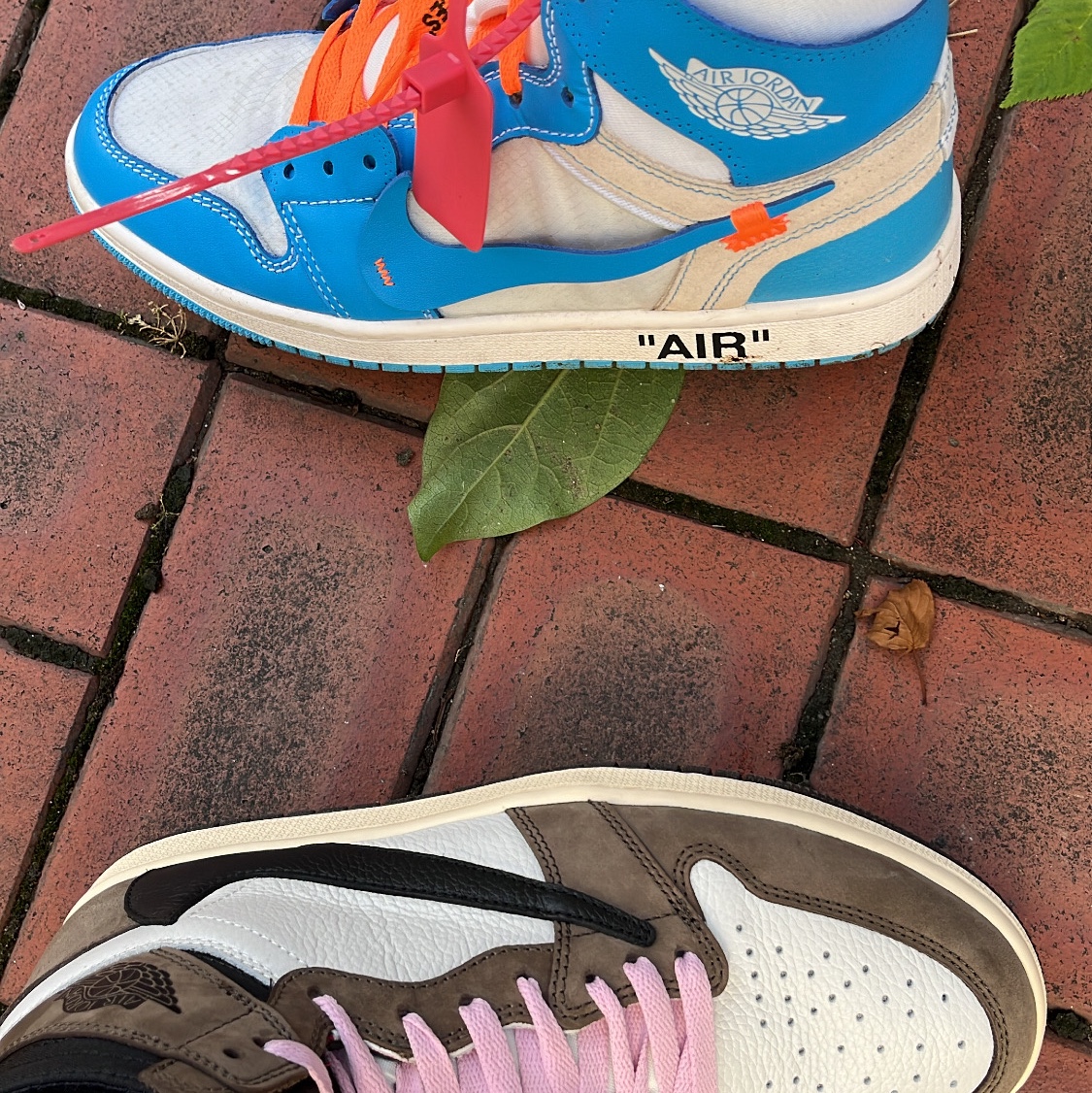 Jordan 1 x Off-White Retro High University Blue, Jordan 1 x Travis Scott Retro High OG SP Mocha 착용 스타일