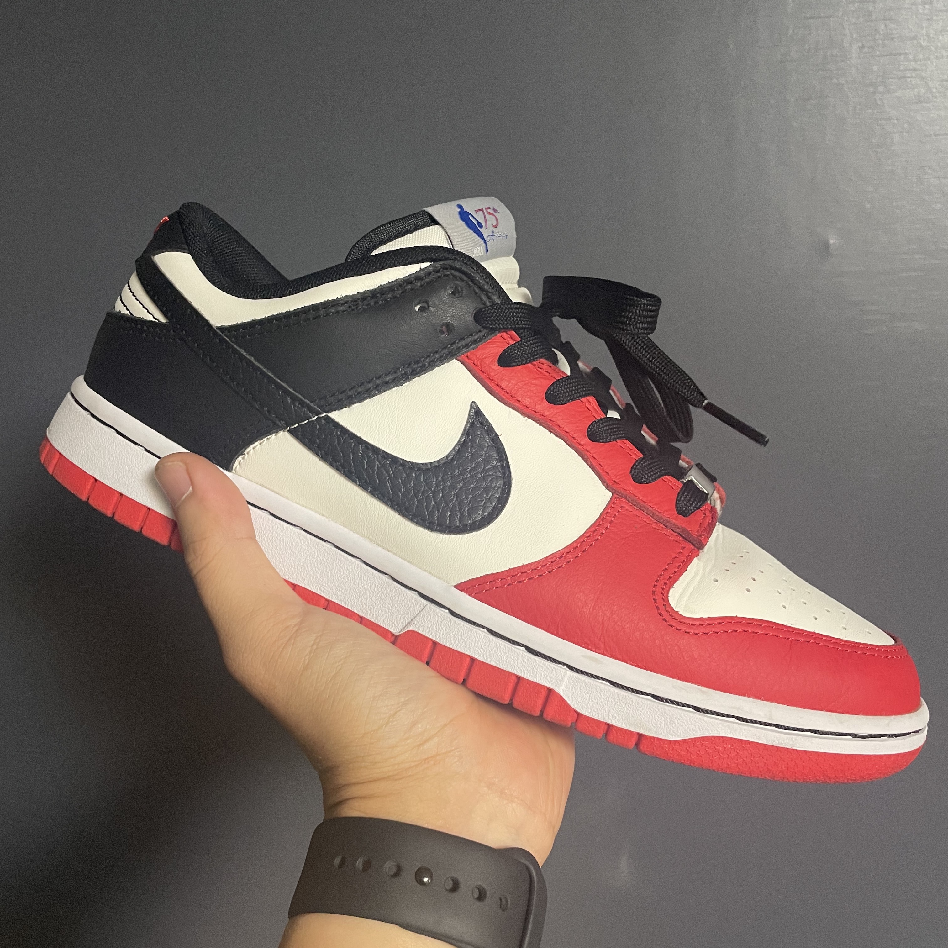 Nike x NBA Dunk Low Retro EMB Black and Chile Red 착용 스타일