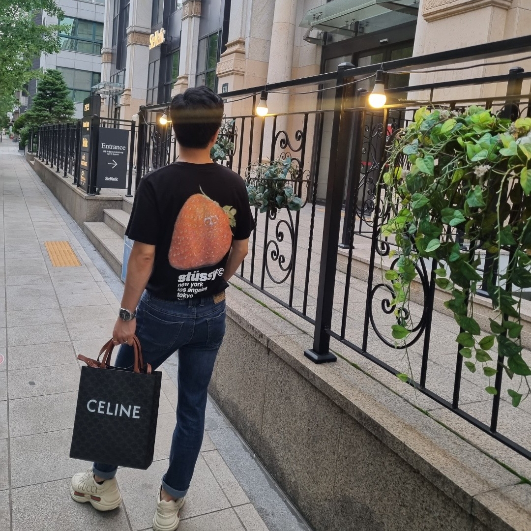 Gucci Rhyton Leather Sneakers Logo, Celine Small Cabas Vertical in Triomphe Canvas Calfskin Tan 착용 스타일 - 1