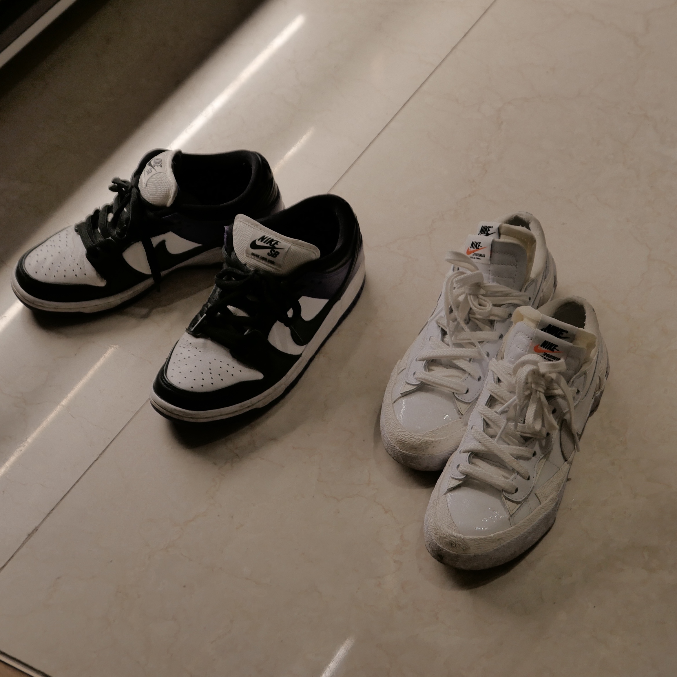 Nike x Sacai Blazer Low White Patent Leather, Nike SB Dunk Low Pro Court Purple 착용 스타일