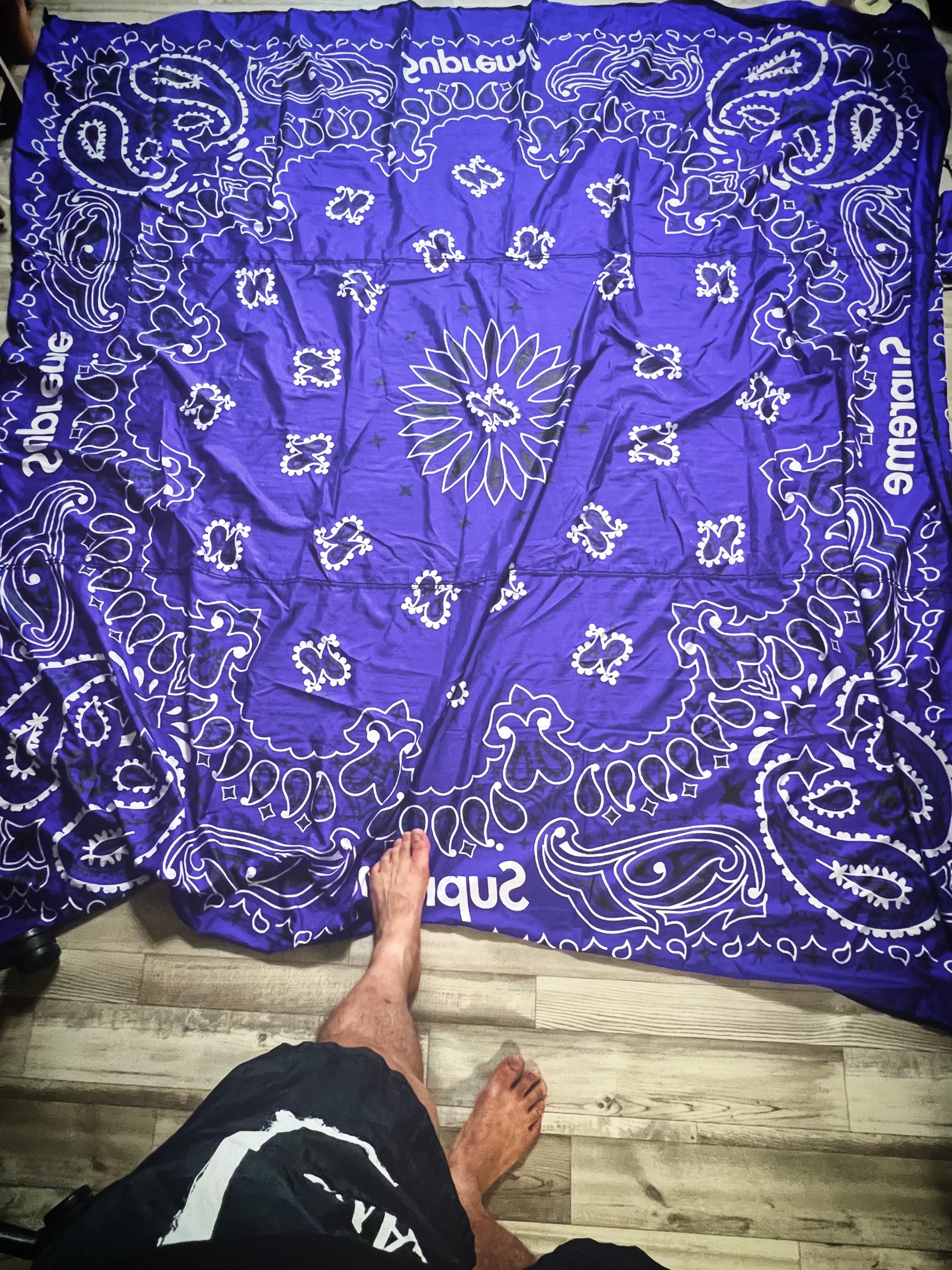 Supreme ENO Islander Nylon Blanket Purple - 22SS, Stone Island B0992 Nylon Metal Stencil Print Swimming Trunk Black - 21SS 착용 스타일 - 1