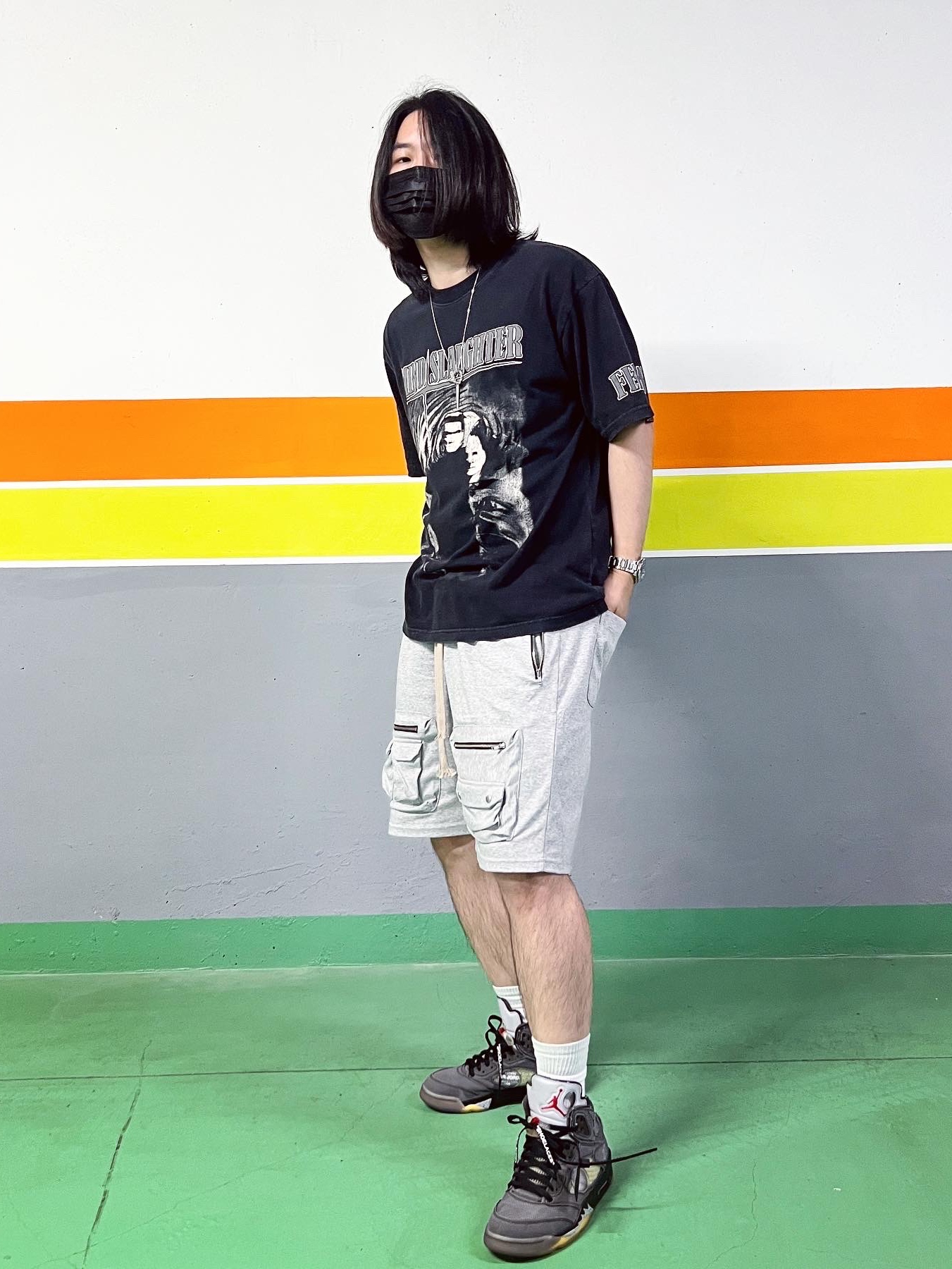Stussy x BAPE Trucker Cap Yellow, Nike x Stussy NRG RA T-Shirt Summit White (DM4942-121) 착용 스타일 - 2