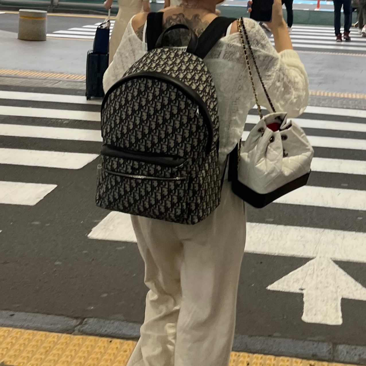 Dior Travel Backpack Blue Dior Oblique Jacquard, Chanel Small Gabrielle Backpack Aged Calfskin & Gold Silver White Black 착용 스타일