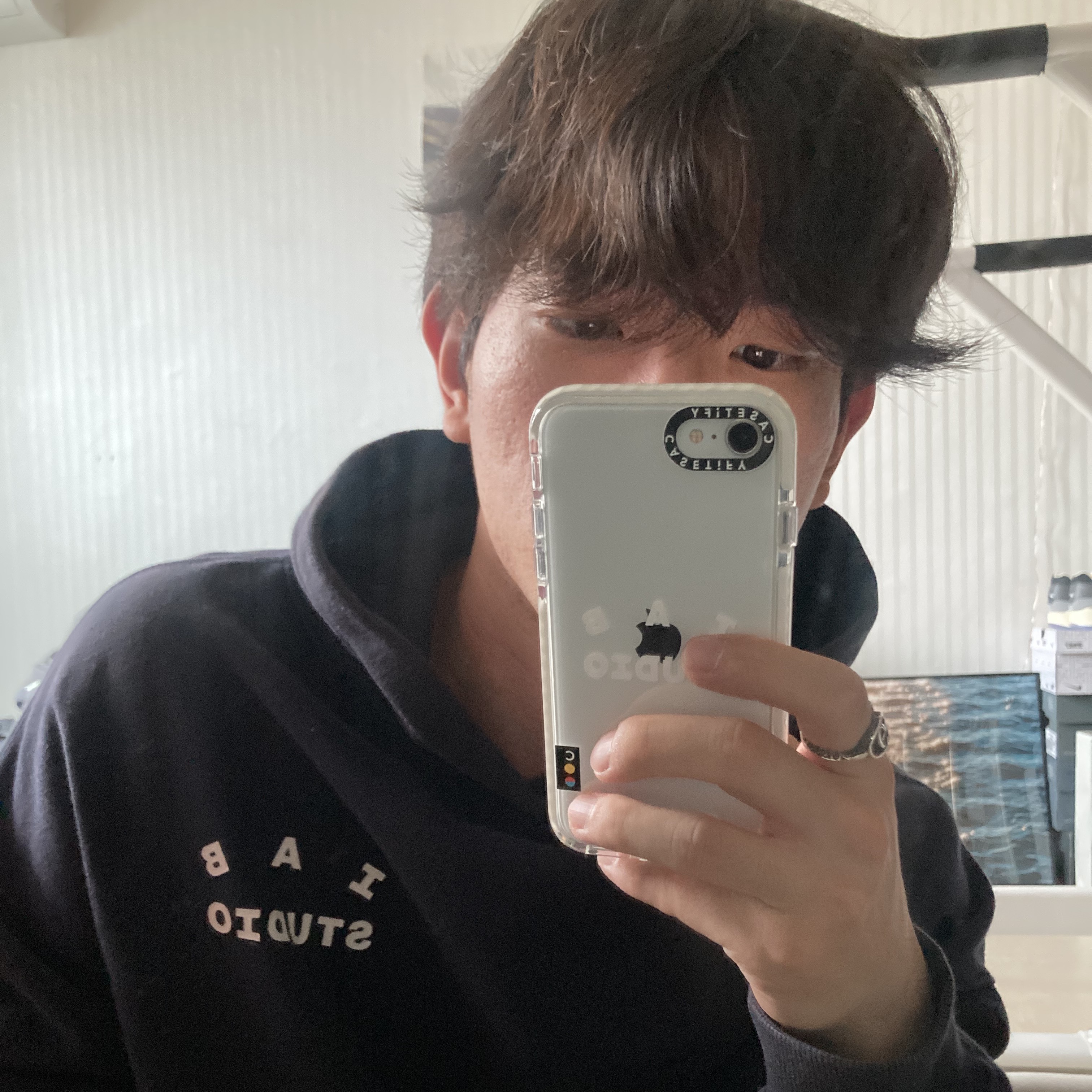 Casetify x IAB Studio iPhone White Logo Impact Case Frost White, IAB Studio Hoodie Navy - 21SS 착용 스타일