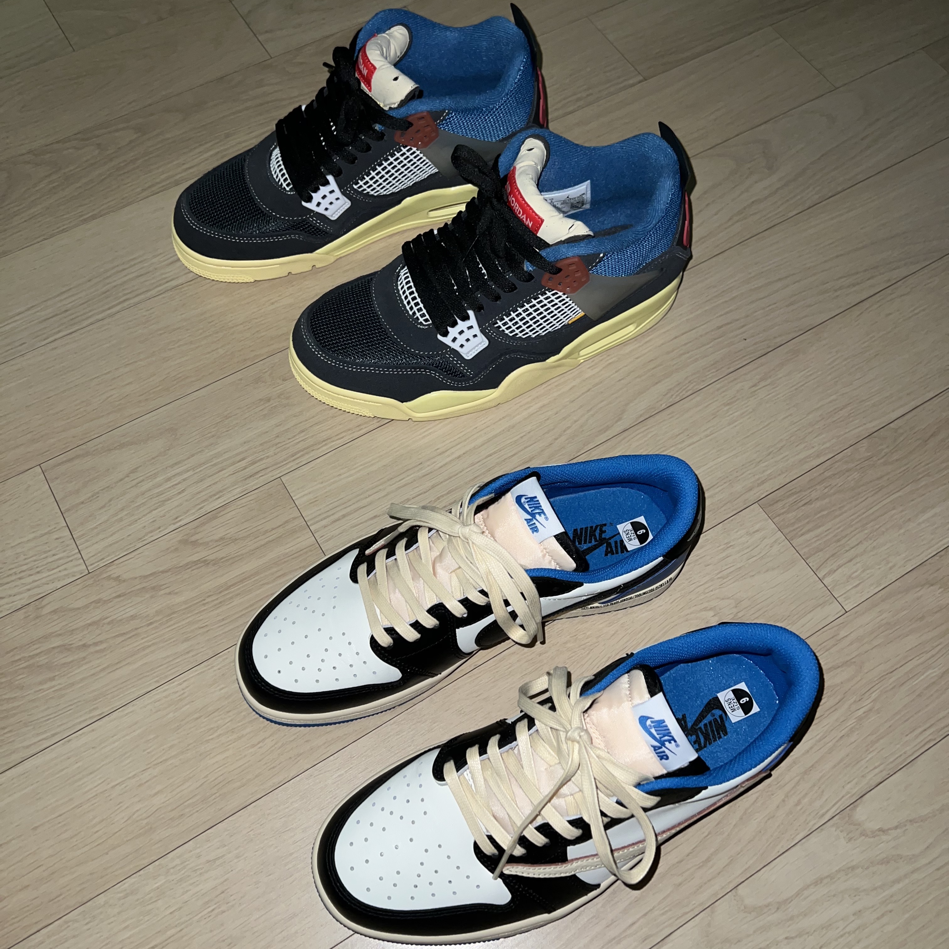 Jordan 1 x Travis Scott x Fragment Retro Low OG SP Military Blue, Jordan 4 x Union Retro Off Noir 착용 스타일