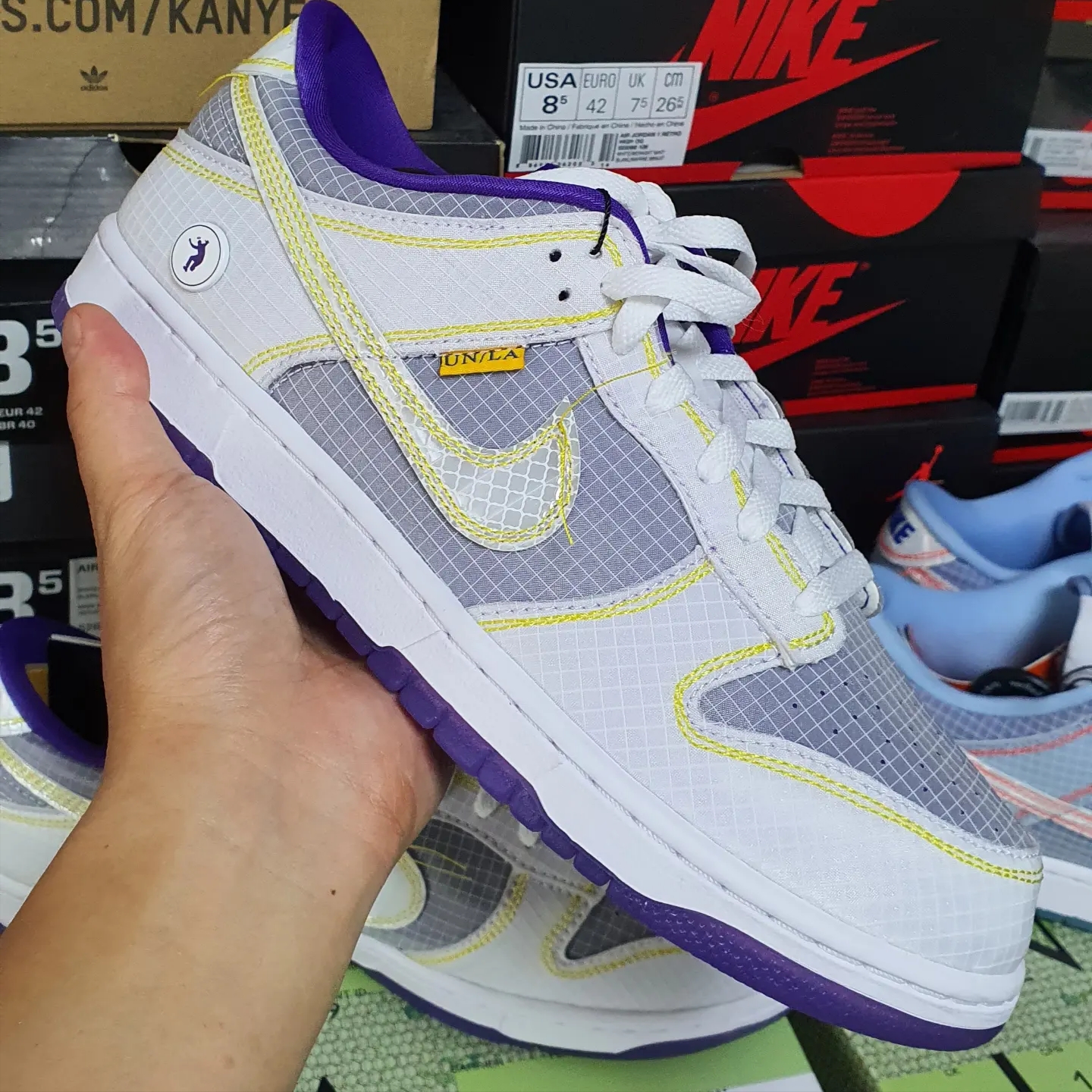 Nike x Union Dunk Low Passport Pack Argon, Nike x Union Dunk Low Passport Pack Court Purple White 착용 스타일 - 3